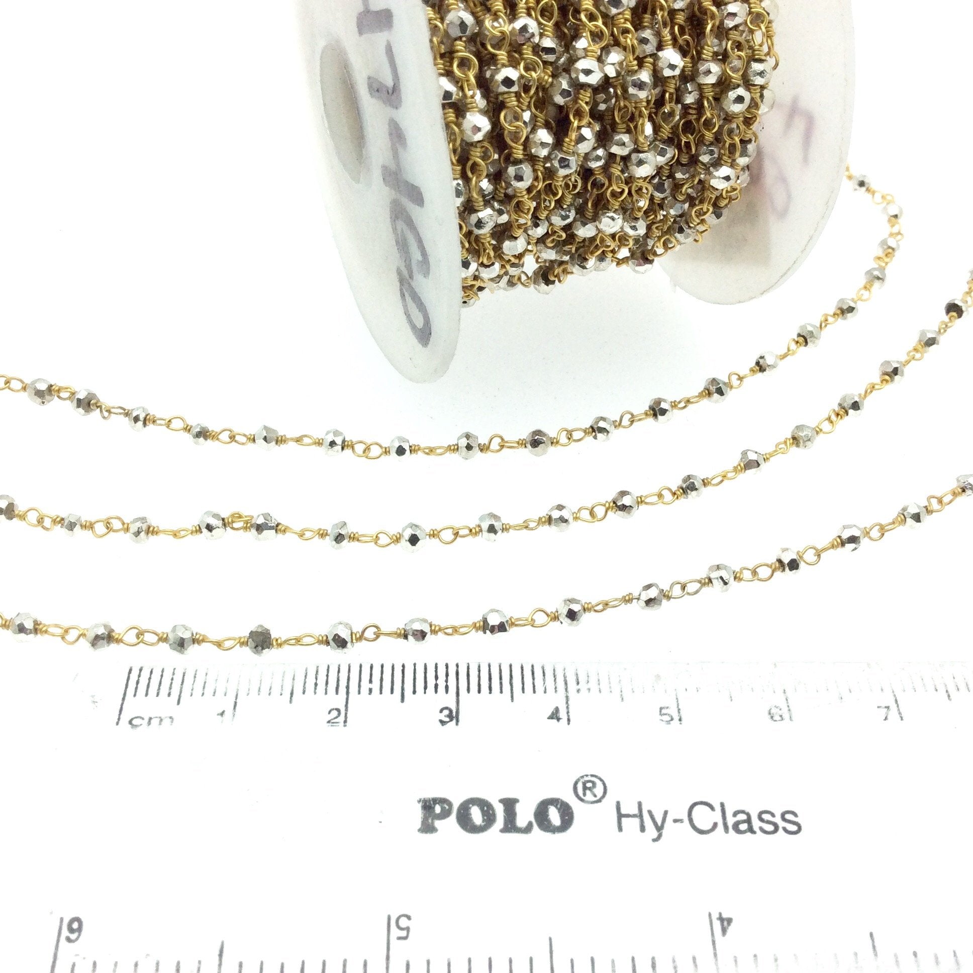 Gold Plated Copper Wrapped Rosary Chain with 3mm Faceted Silver Plated Pyrite Rondelle Beads - Sold by 1' Cut Sections!