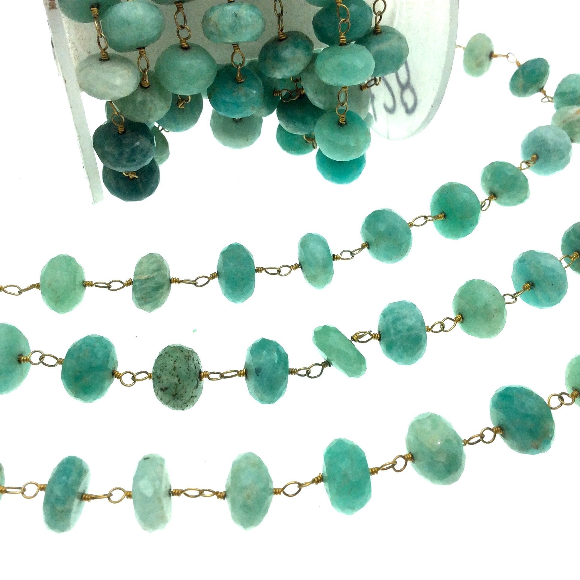 Gold Plated Copper Wrapped Rosary Chain with 10mm Faceted Natural Amazonite Rondelle Shaped Beads - Sold by 1' Cut Sections or in Bulk!