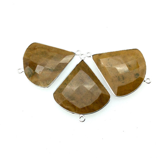 Silver Finish Faceted Yellow Jasper Fan Shaped Bezel Connector - Measuring 30mm x 30mm - Natural Semi-precious Gemstone