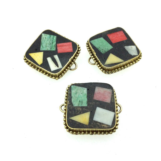 1" Multicolor Natural Ox Bone and Resin Mosaic Flat Square Shaped Gold Plated Bezel Connector With Dotted Edges - Measuring 25mm x 25mm.