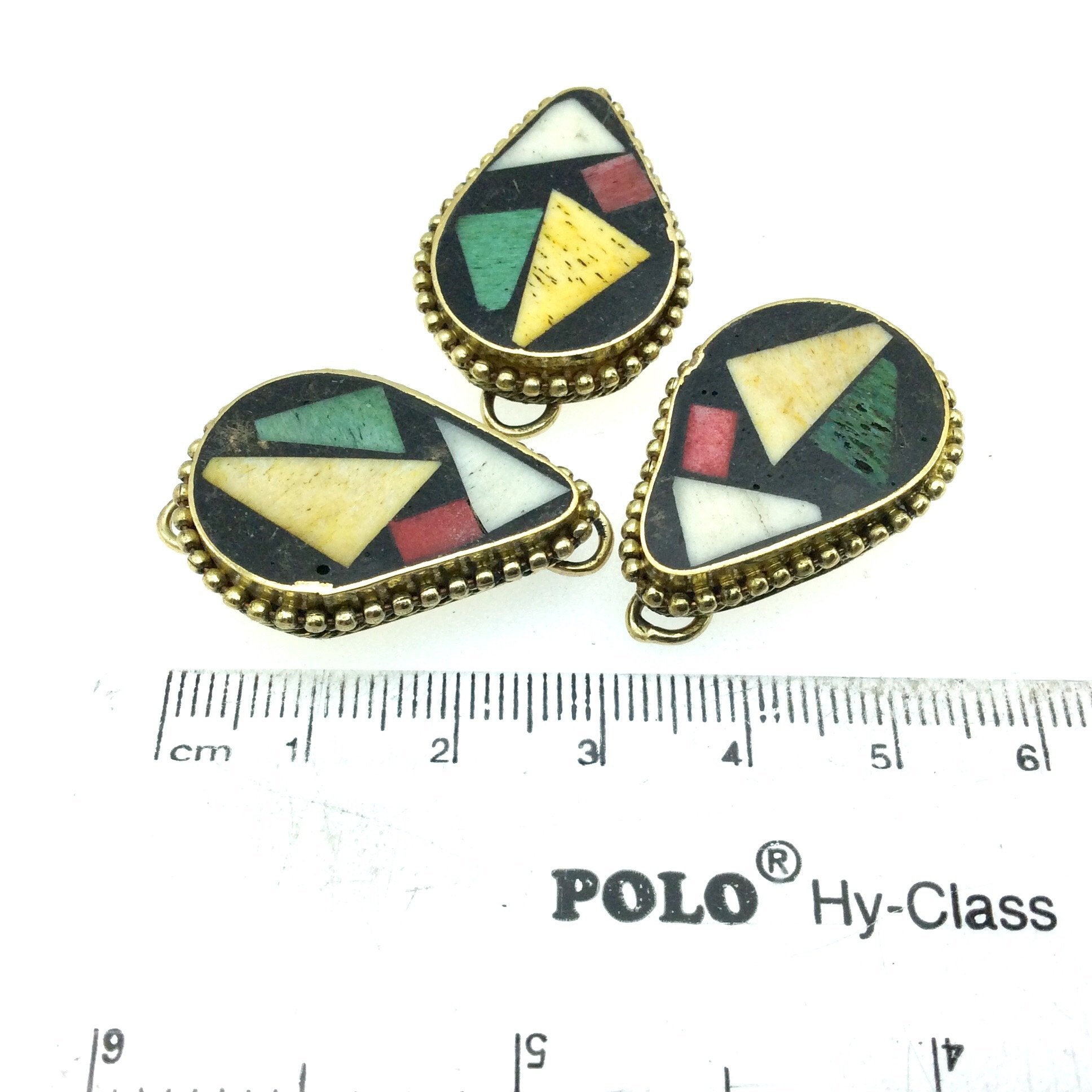 1" Multicolor Natural Ox Bone and Resin Mosaic Flat Teardrop Shape Gold Plated Bezel Connector W Dotted Edges - Measuring 20mm x 30mm.