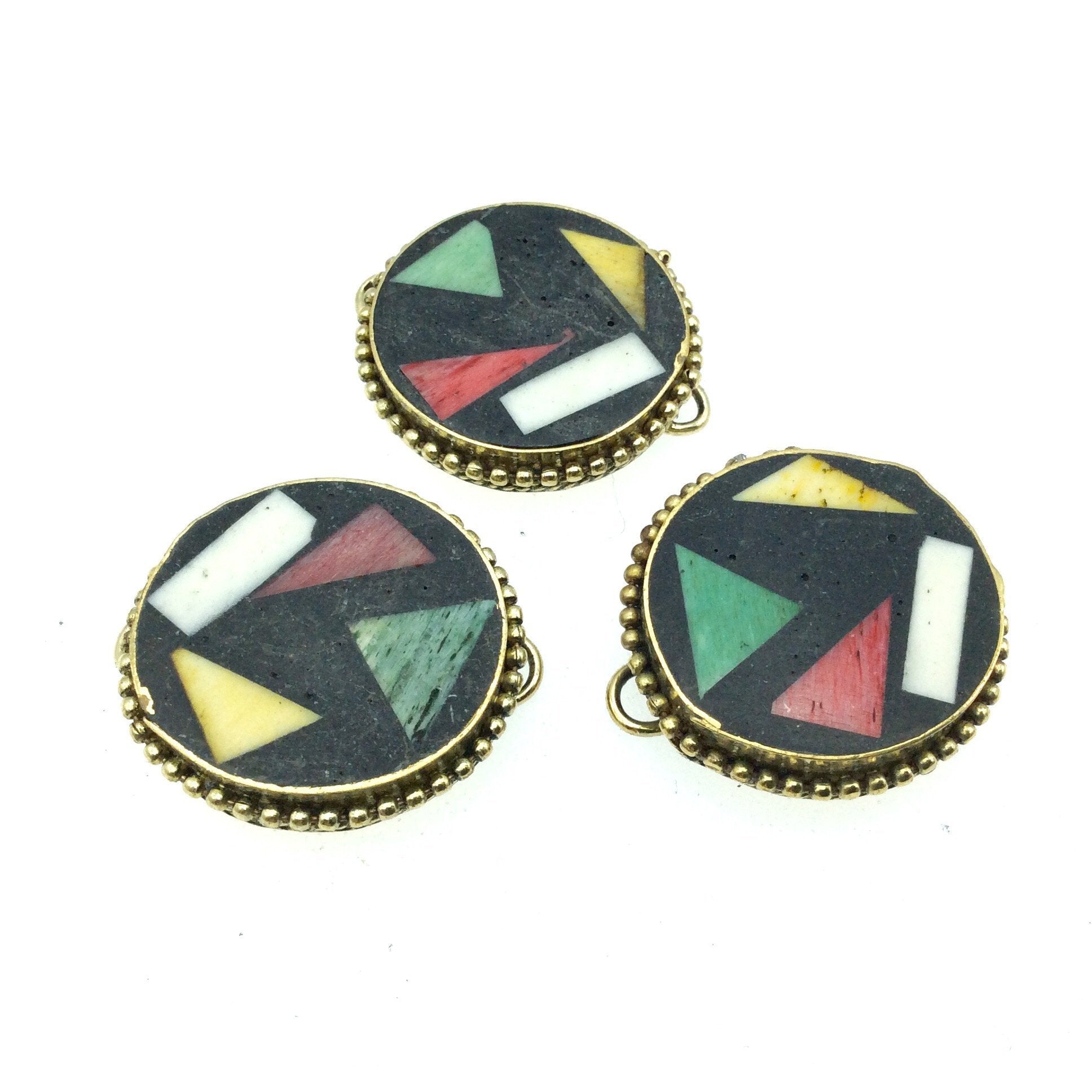 1" Multicolor Natural Ox Bone and Resin Mosaic Flat Round/Coin Shape Gold Plated Bezel Connector W Dotted Edges - Measuring 27mm x 37mm.