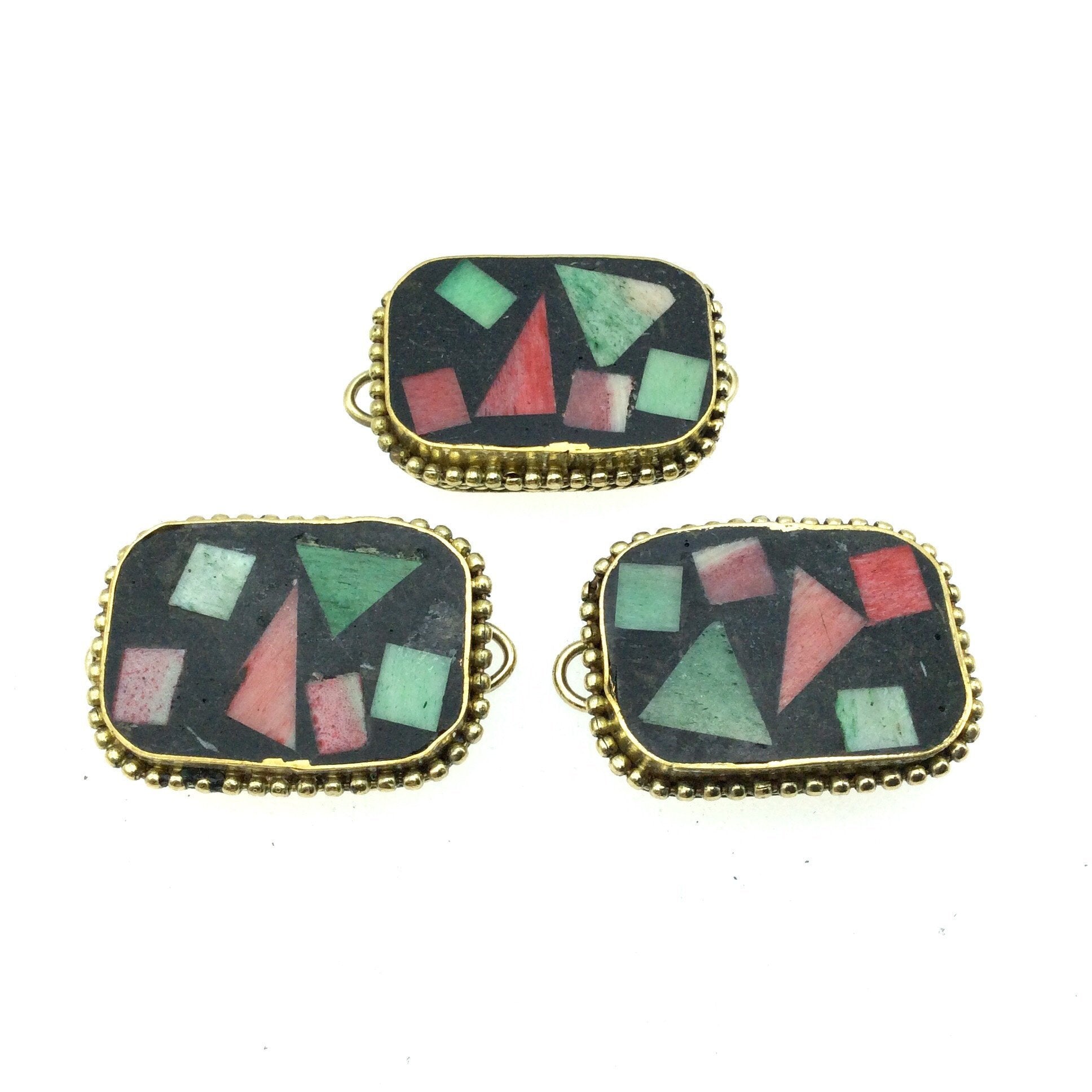 1.25" Multicolor Natural Ox Bone and Resin Mosaic Flat Round Rectangle  Shape Gold Plated Bezel Connector W Dotted Edges - ~ 24mm x 30mm.