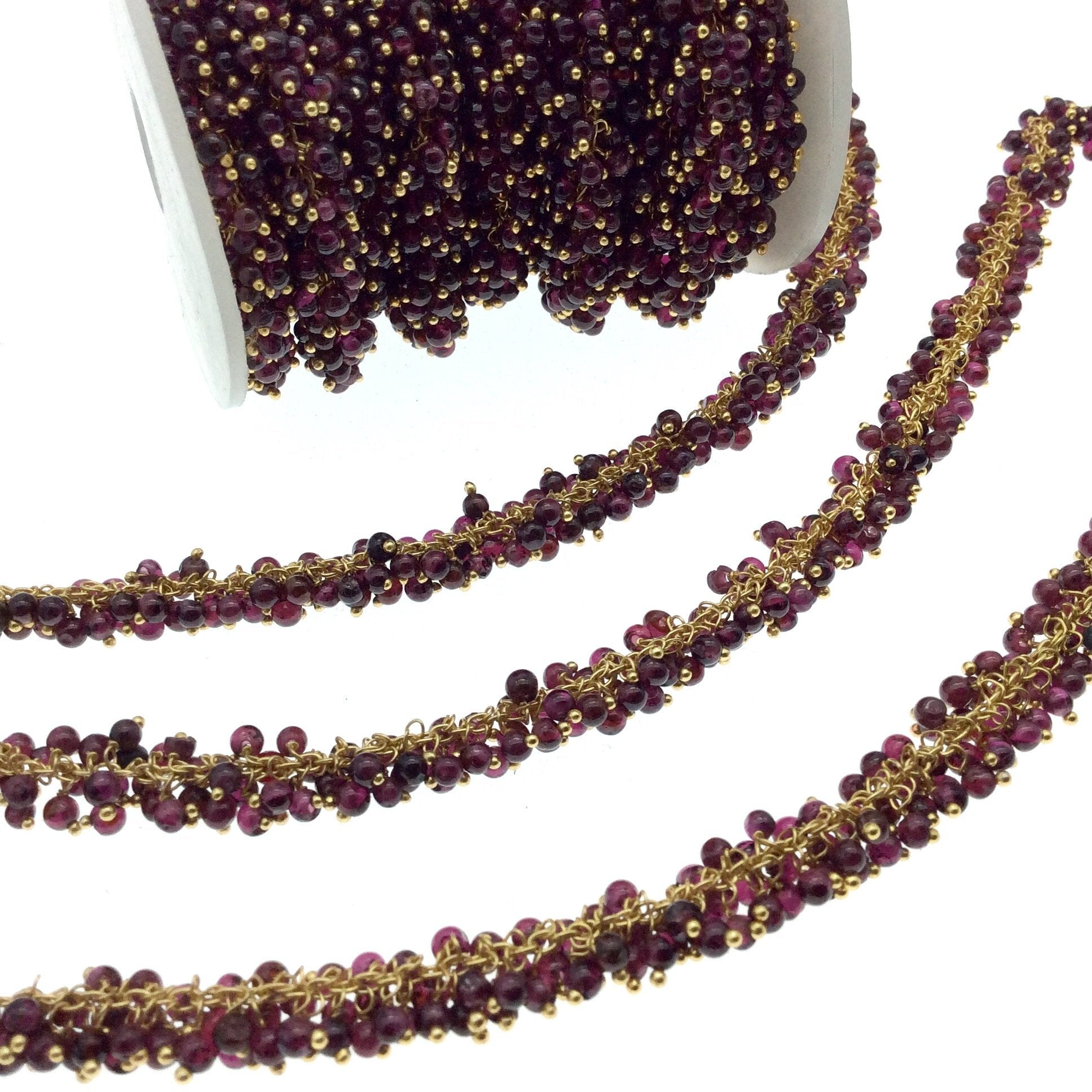 Gold Plated Copper Double Dangle Rosary Chain with 3-4mm Faceted Natural Garnet Rondelle Beads - Sold by 1' Cut Sections or in Bulk!