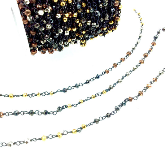 Gunmetal Plated Copper Wrapped Rosary Chain with 3-4mm Faceted Multi Colored Plated Pyrite Rondelle Beads - Sold by 1' Cut Sections!