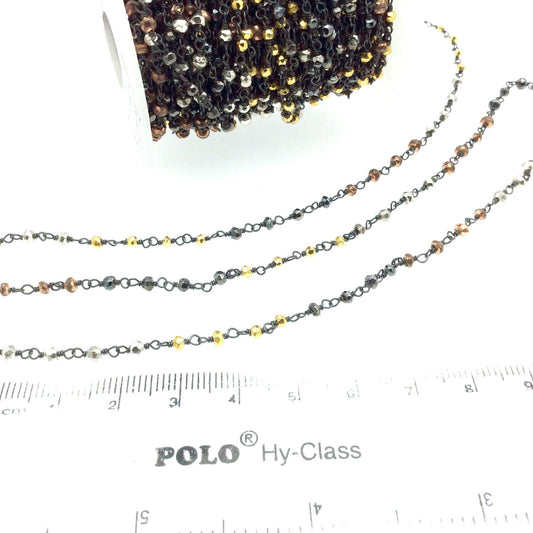 Gunmetal Plated Copper Wrapped Rosary Chain with 3-4mm Faceted Multi Colored Plated Pyrite Rondelle Beads - Sold by 1' Cut Sections!