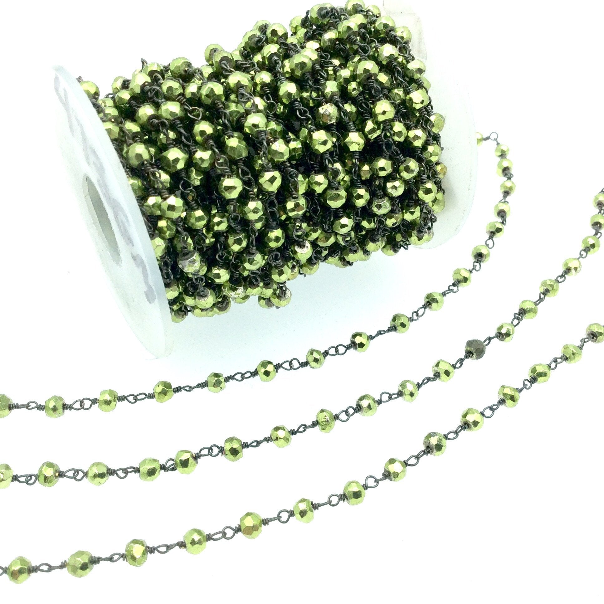 Gunmetal Plated Copper Wrapped Rosary Chain with 4mm Faceted Green Plated Pyrite Rondelle Beads - Sold by 1' Cut Sections!