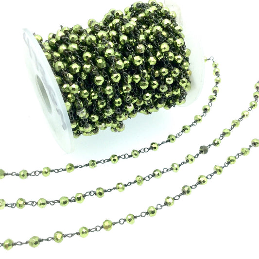 Gunmetal Plated Copper Wrapped Rosary Chain with 4mm Faceted Green Plated Pyrite Rondelle Beads - Sold by 1' Cut Sections!