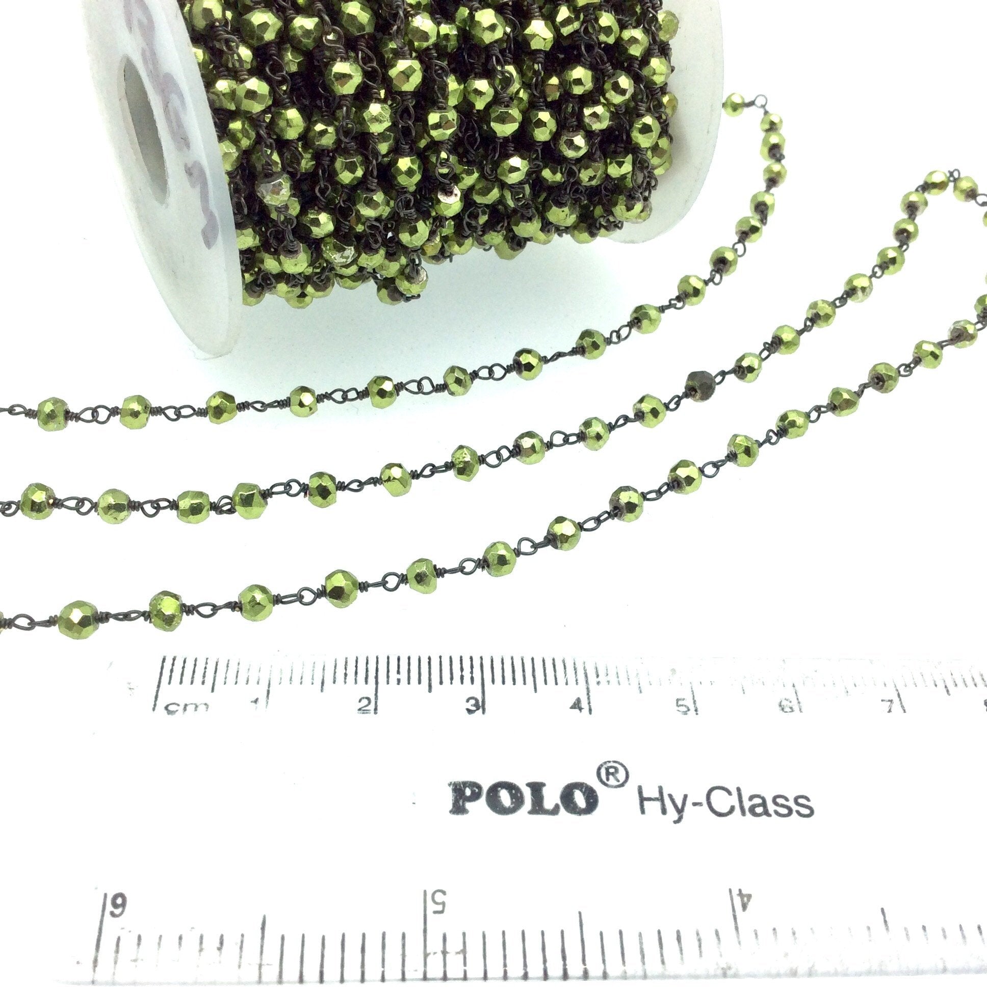 Gunmetal Plated Copper Wrapped Rosary Chain with 4mm Faceted Green Plated Pyrite Rondelle Beads - Sold by 1' Cut Sections!