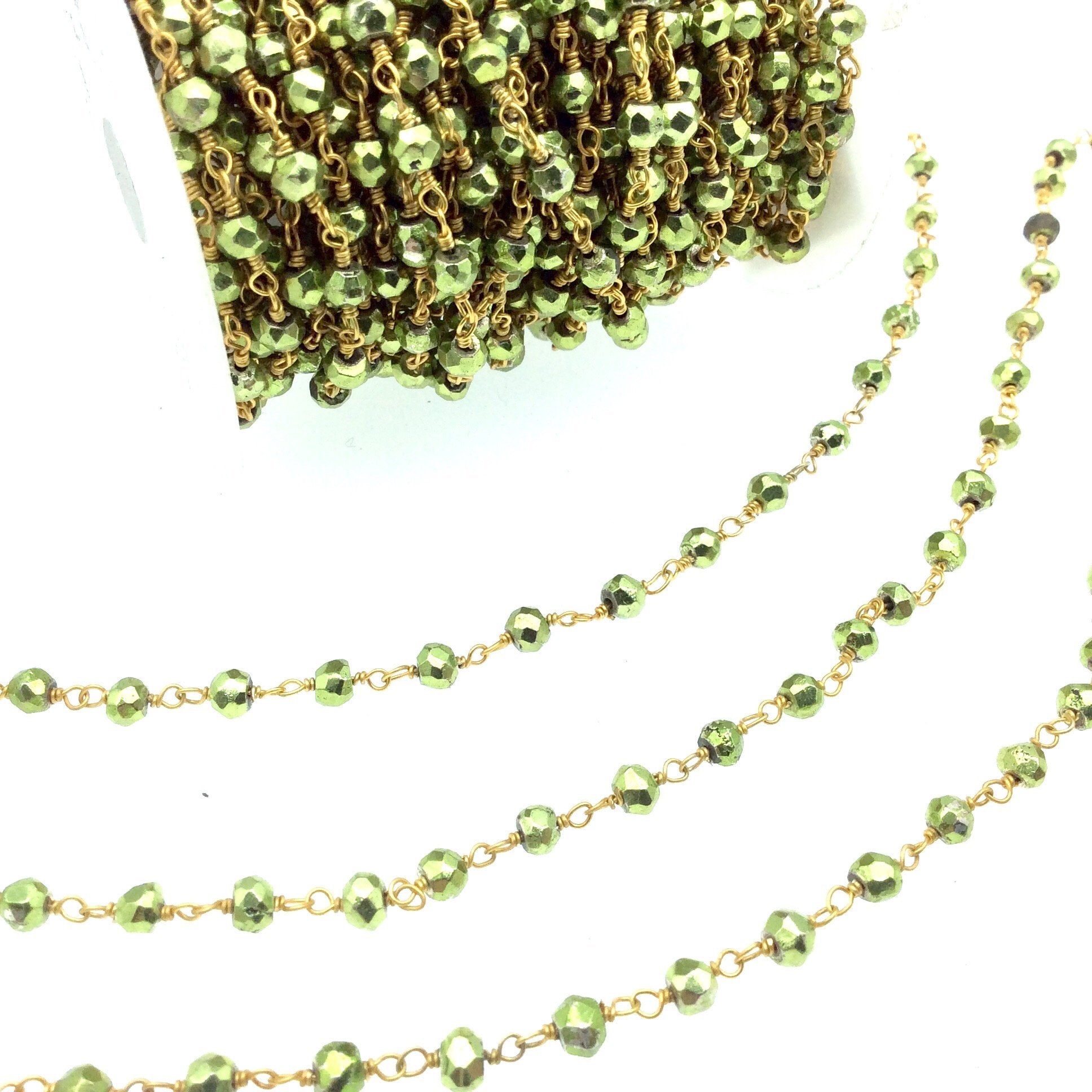 Gold Plated Copper Wrapped Rosary Chain with 4mm Faceted Green Plated Pyrite Rondelle Beads - Sold by 1' Cut Sections!