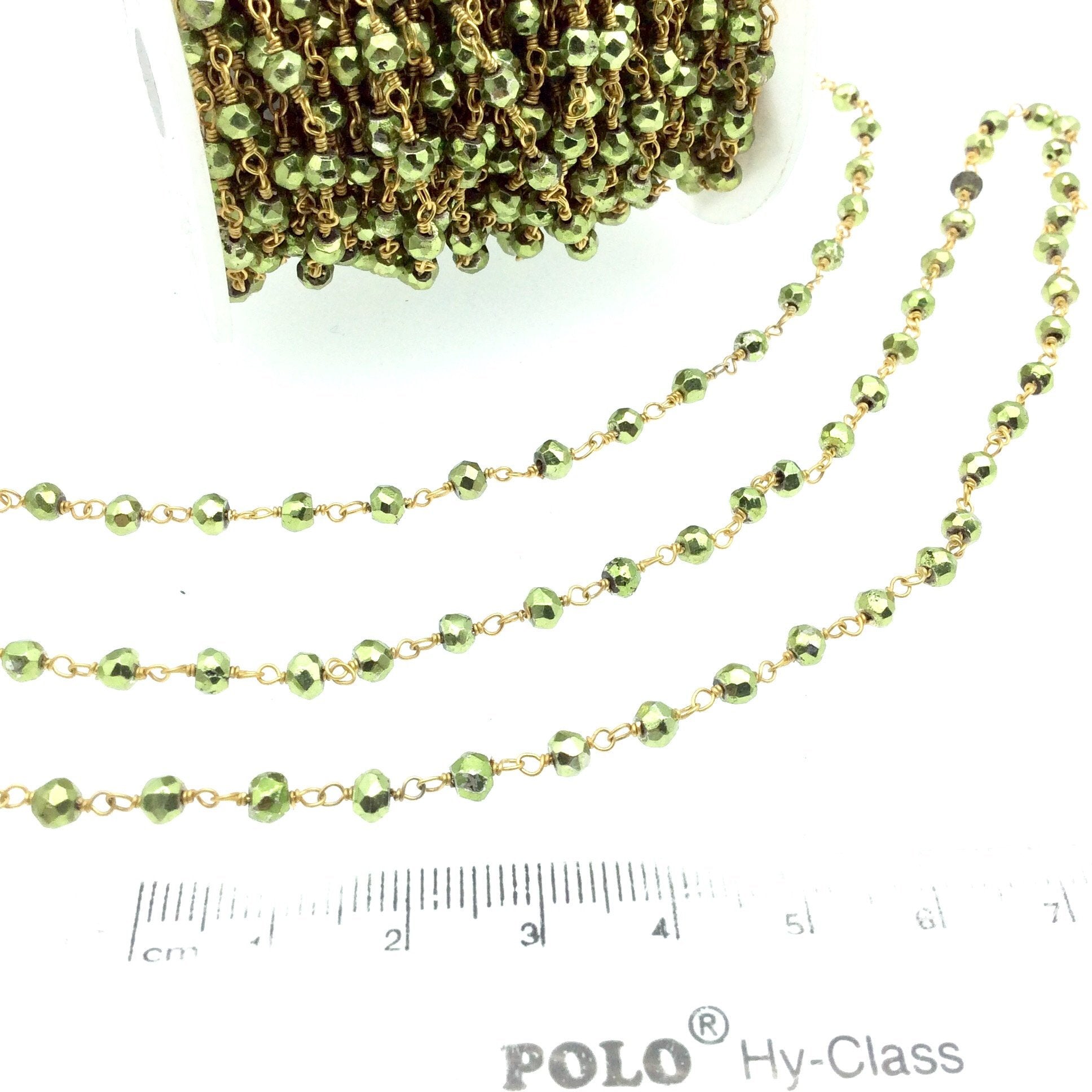 Gold Plated Copper Wrapped Rosary Chain with 4mm Faceted Green Plated Pyrite Rondelle Beads - Sold by 1' Cut Sections!