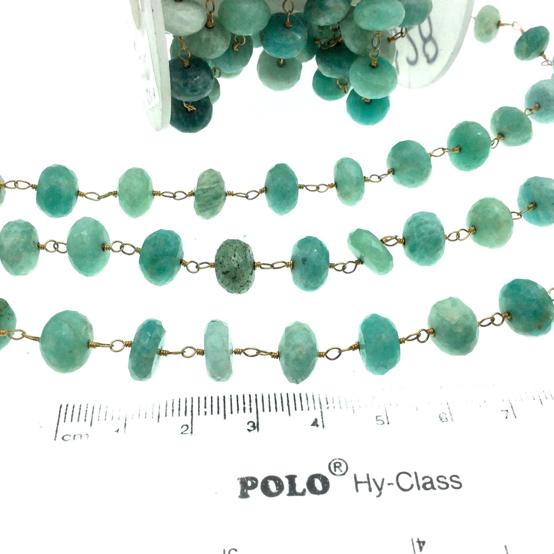 Gold Plated Copper Wrapped Rosary Chain with 10mm Faceted Natural Amazonite Rondelle Shaped Beads - Sold by 1' Cut Sections or in Bulk!