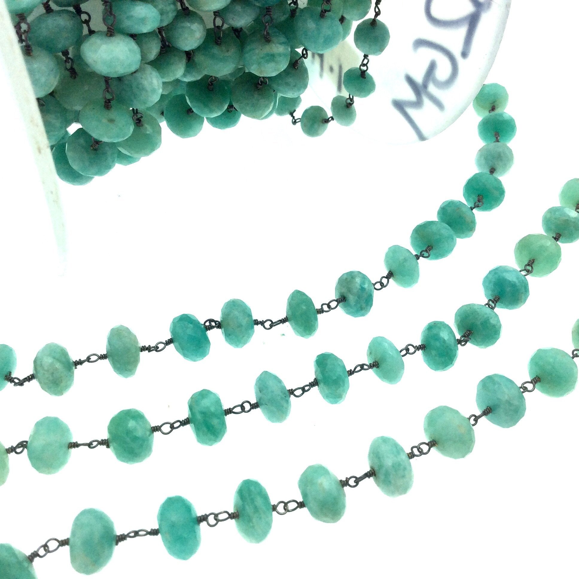 Gunmetal Plated Copper Wrapped Rosary Chain with 10mm Faceted Natural Amazonite Rondelle Shaped Beads - Sold by 1' Cut Sections or in Bulk!