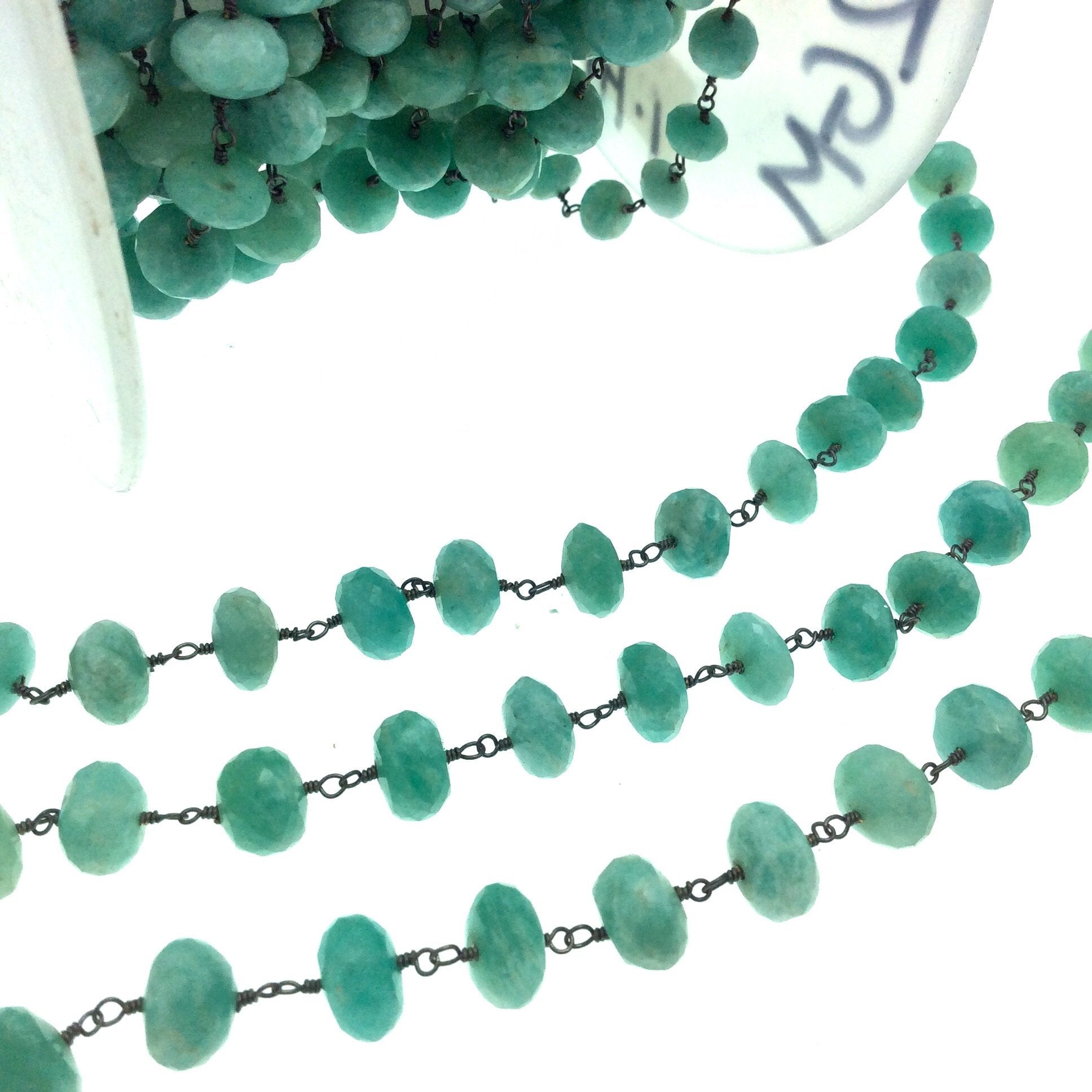 Gunmetal Plated Copper Wrapped Rosary Chain with 10mm Faceted Natural Amazonite Rondelle Shaped Beads - Sold by 1' Cut Sections or in Bulk!