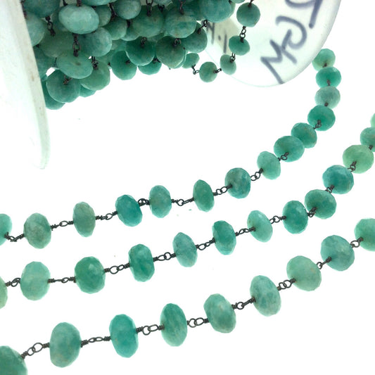 Gunmetal Plated Copper Wrapped Rosary Chain with 10mm Faceted Natural Amazonite Rondelle Shaped Beads - Sold by 1' Cut Sections or in Bulk!