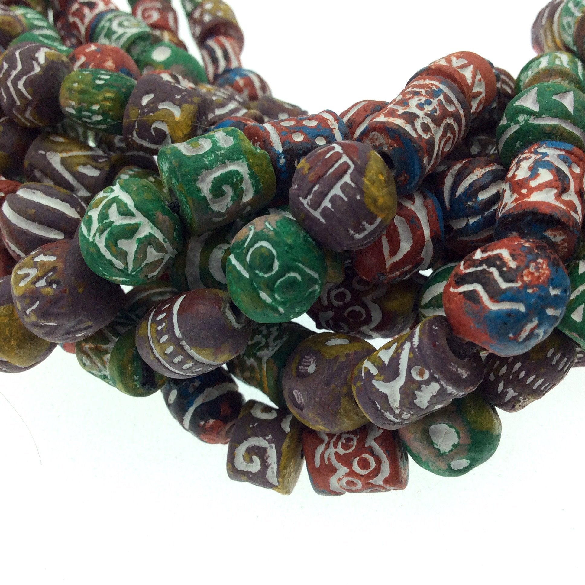 10mm Approx. - Handcrafted Artistic Clay Beads - Double Strand of Mixed Shapes and Designs - 2mm Holes - Sold by the Strand (~90 beads)