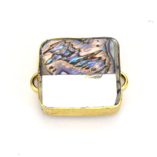 25mm Iridescent White & Rainbow Bi-Color Abalone Shell Square Gold Plated Bezel Connector