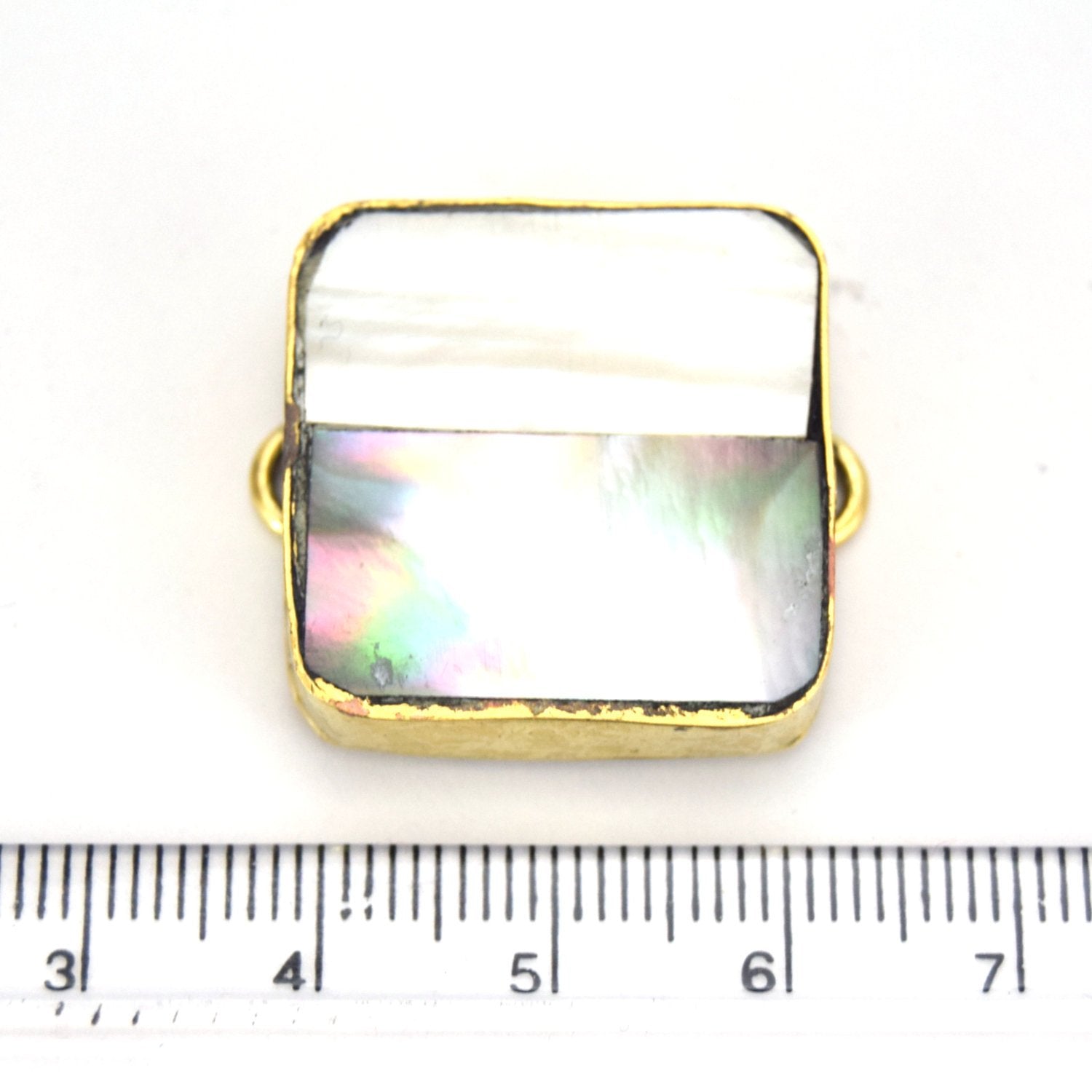 25mm Iridescent White & Gray Bi-Color Abalone Shell Square Gold Plated Bezel Connector