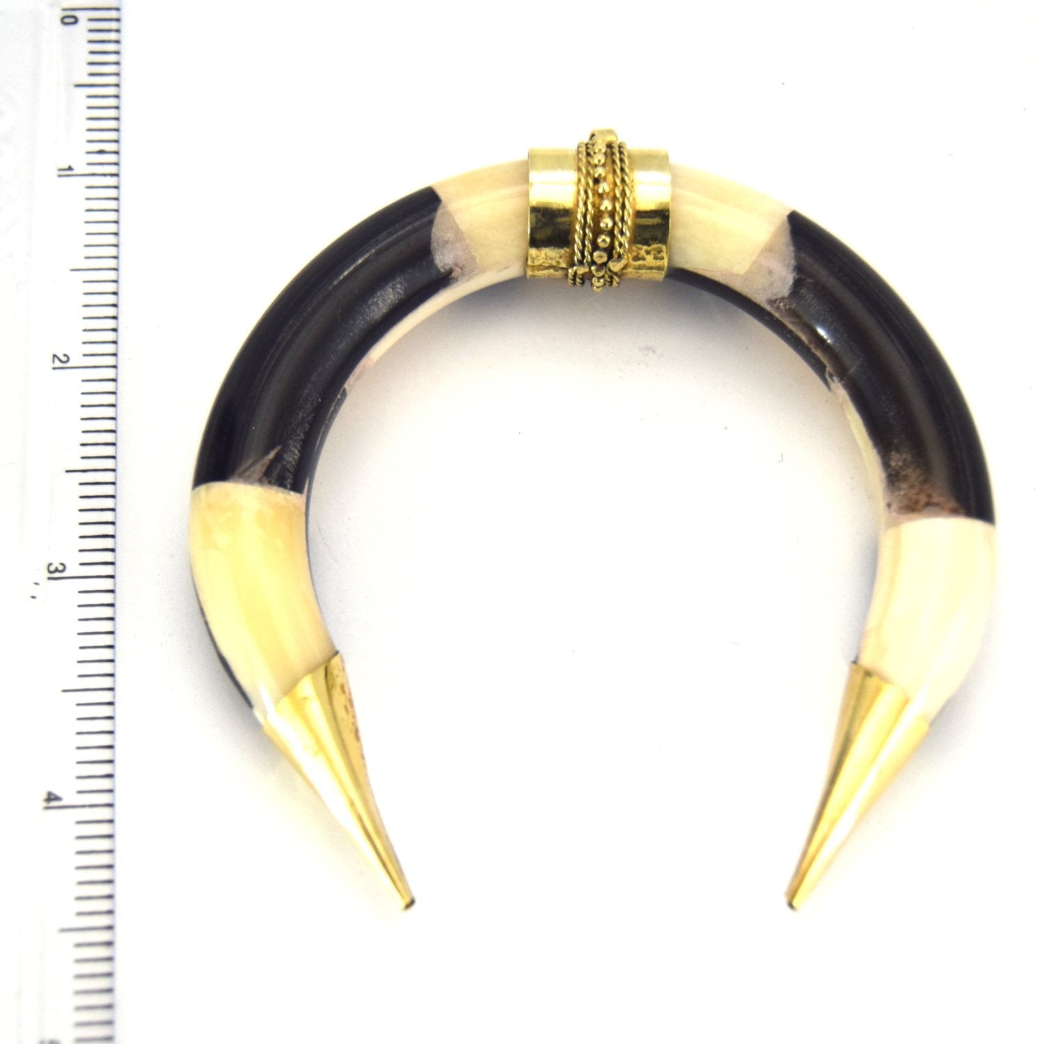 3.5" Black/White Thick Double Ended Crescent Shaped Natural Ox Bone Pendant with Fancy Gold Bail/Caps