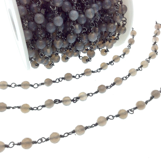 Gunmetal Plated Copper Rosary Chain with 6mm Faceted Round Gray Agate Beads - Sold by the Foot! (CH341-GM) - Semi-Precious Beaded Chain