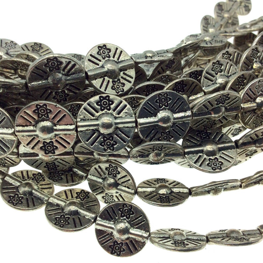 Silver Finish Disc/Coin X Pattern Pewter Beads - 8" Strand (Approximately 15 Beads) - Measuring 13mm x 13mm, Approx. - 1.5mm Hole Size