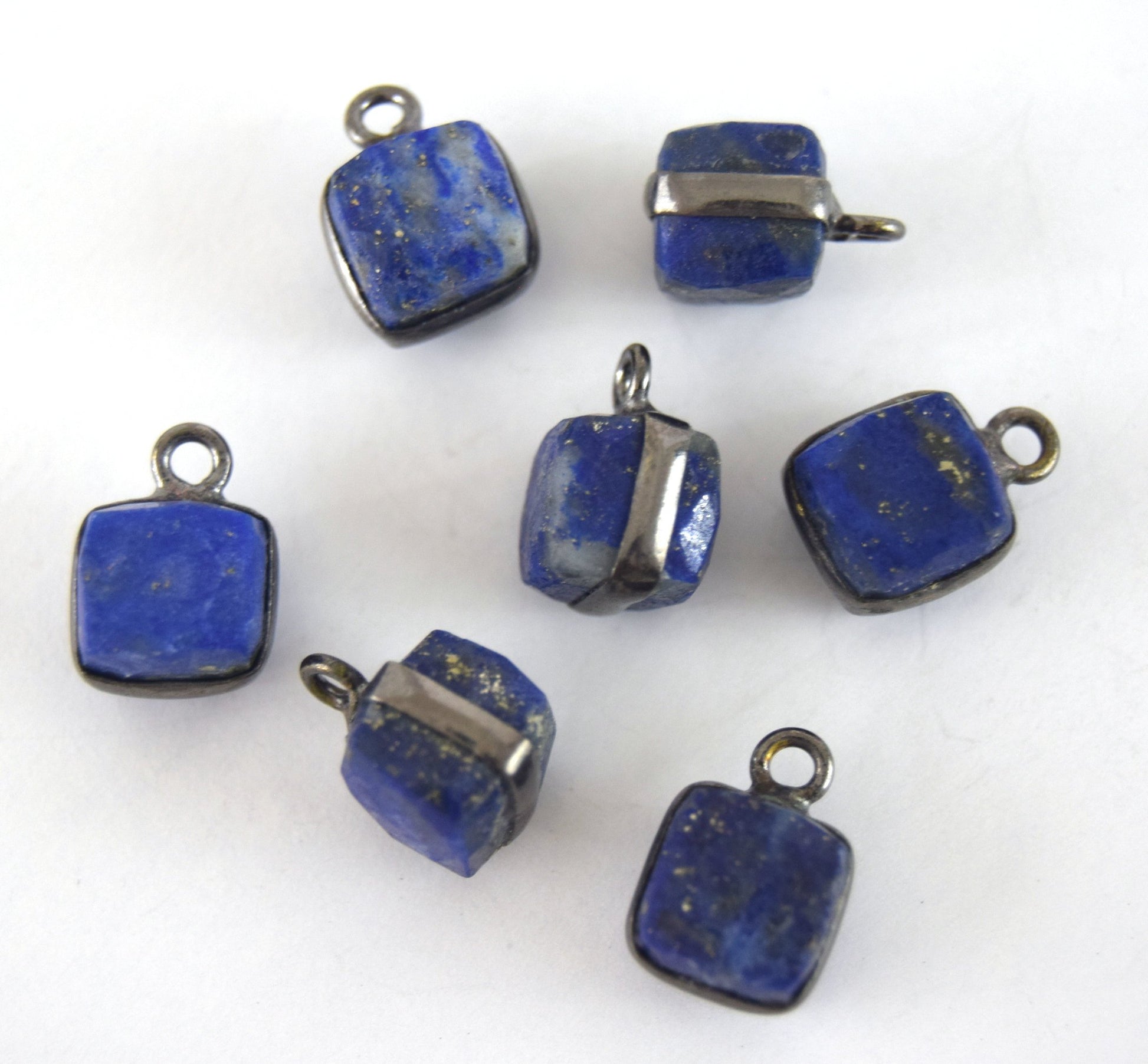 7-8mm Gunmetal Finish Cube Shaped Lapis Lazuli Bezel Pendant/Drop Component