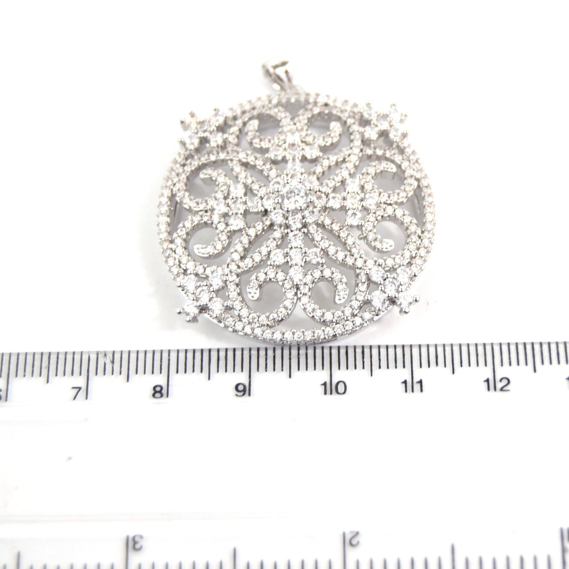 Silver Plated CZ Cubic Zirconia Circle and Hearts Shaped Copper Pendant- Measures 40mm, Approx.