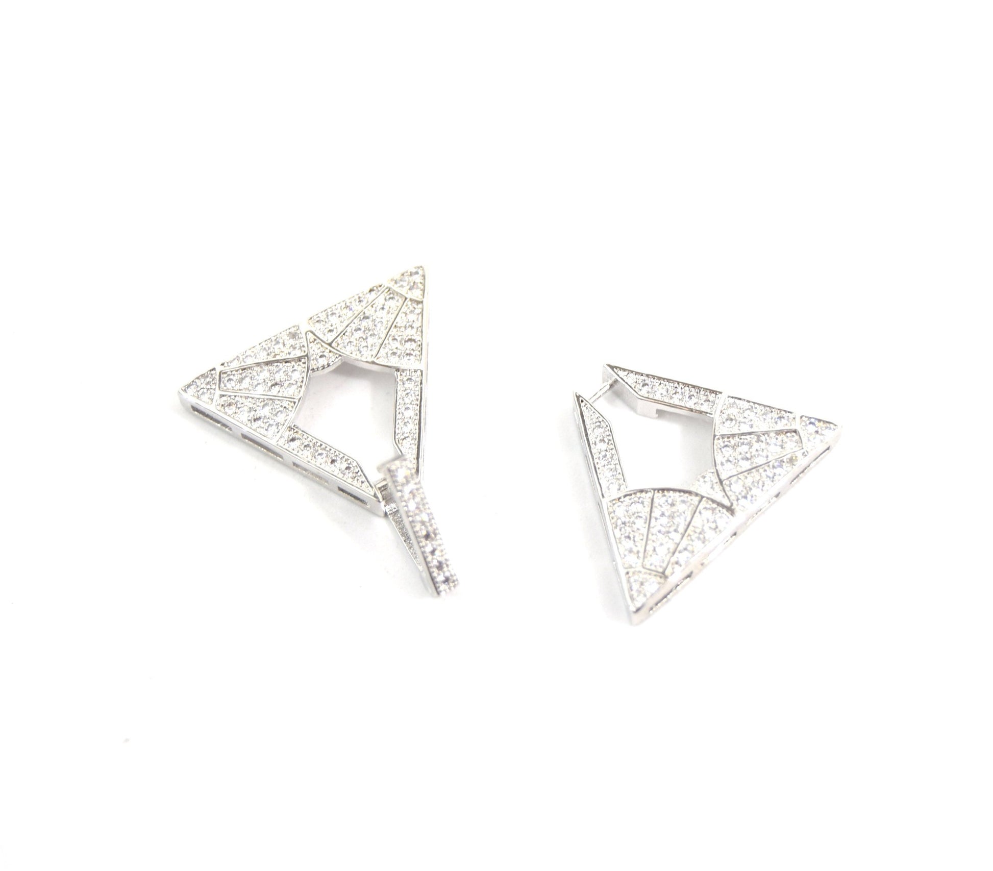 Large Silver Plated Cubic Zirconia Encrusted/Inlaid Triangle Shaped Copper Clasp Components - Measuring 24mm x 42mm