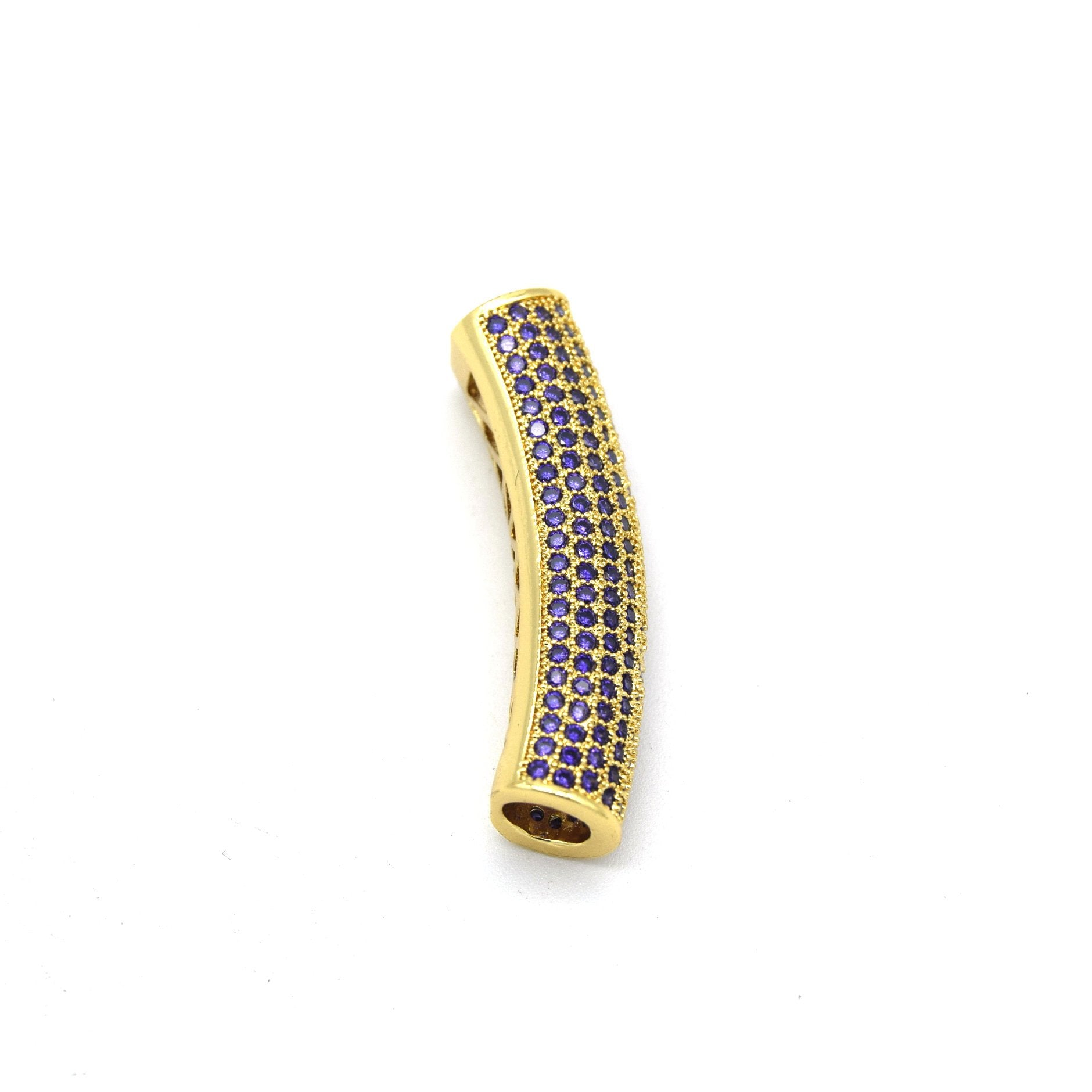 36mm Gold Plated CZ Cubic Zirconia Inlaid Curved Tube/Macaroni Shaped Bead with Purple CZ