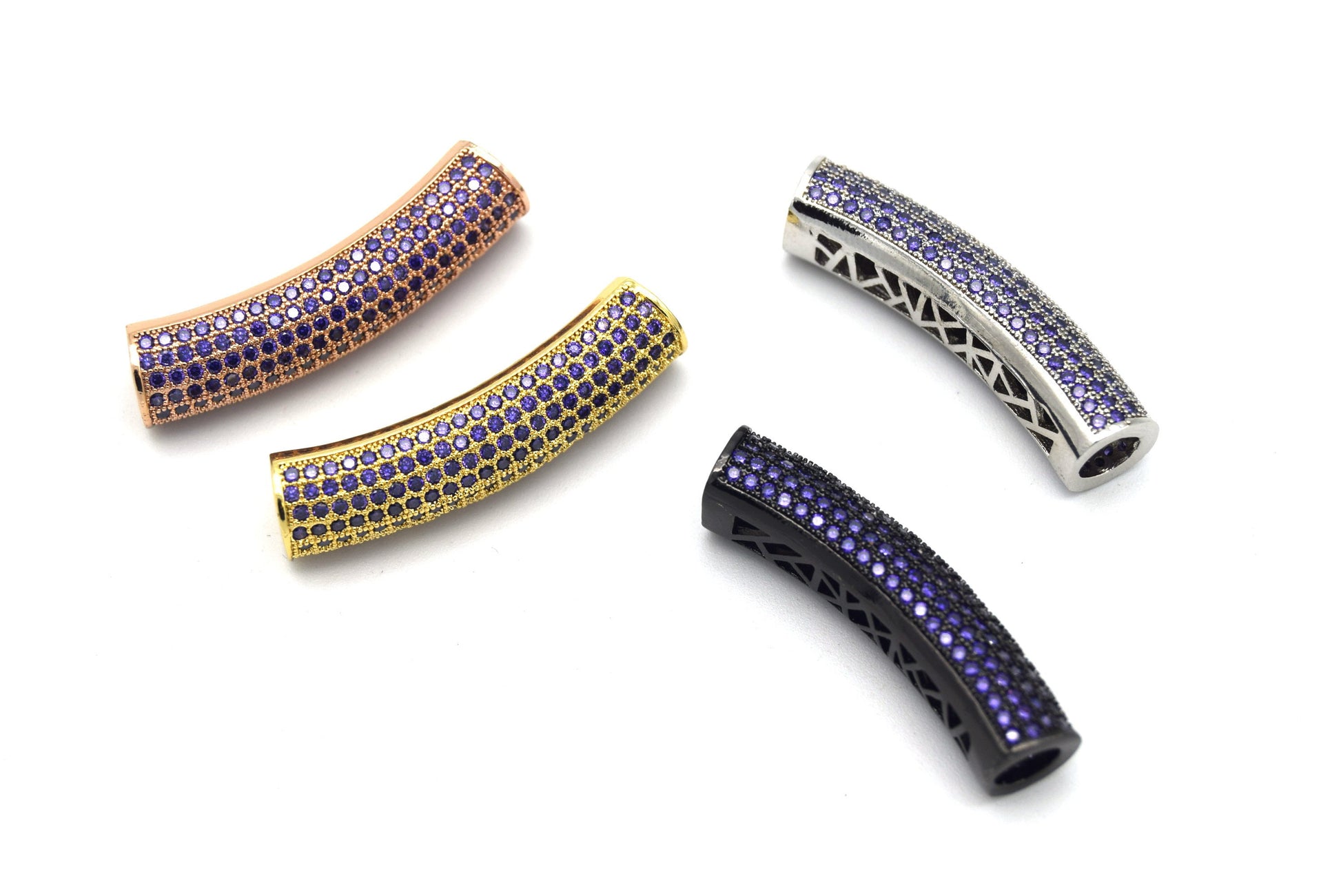 36mm Silver Plated CZ Cubic Zirconia Inlaid Curved Tube/Macaroni Shaped Bead with Purple CZ