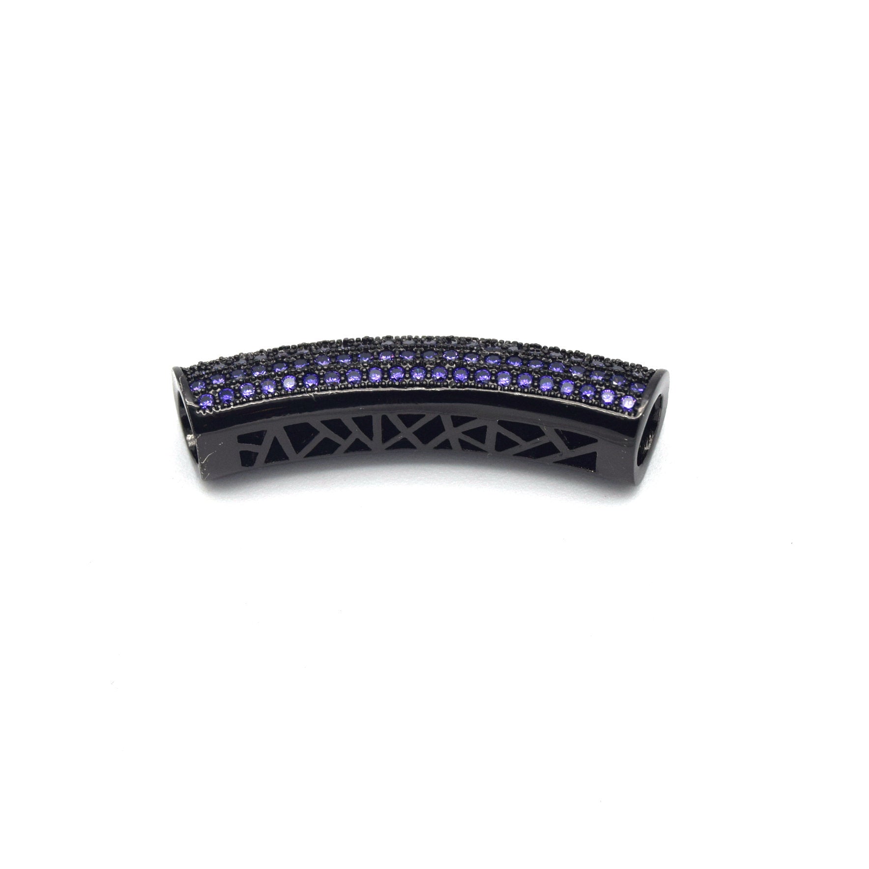 36mm Gunmetal CZ Cubic Zirconia Inlaid Curved Tube/Macaroni Shaped Bead with Purple CZ