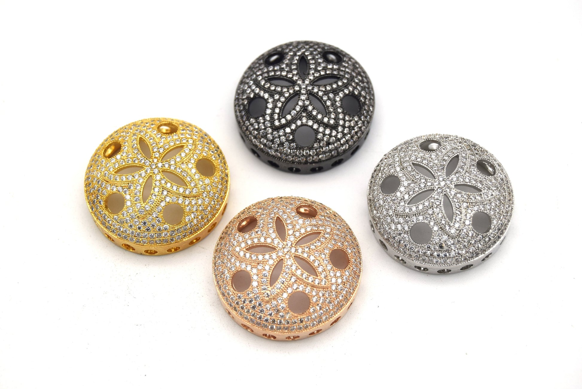 26mm Gunmetal Plated White CZ Cubic Zirconia Inlaid Flower/Star Open Round/Coin Shaped Slider