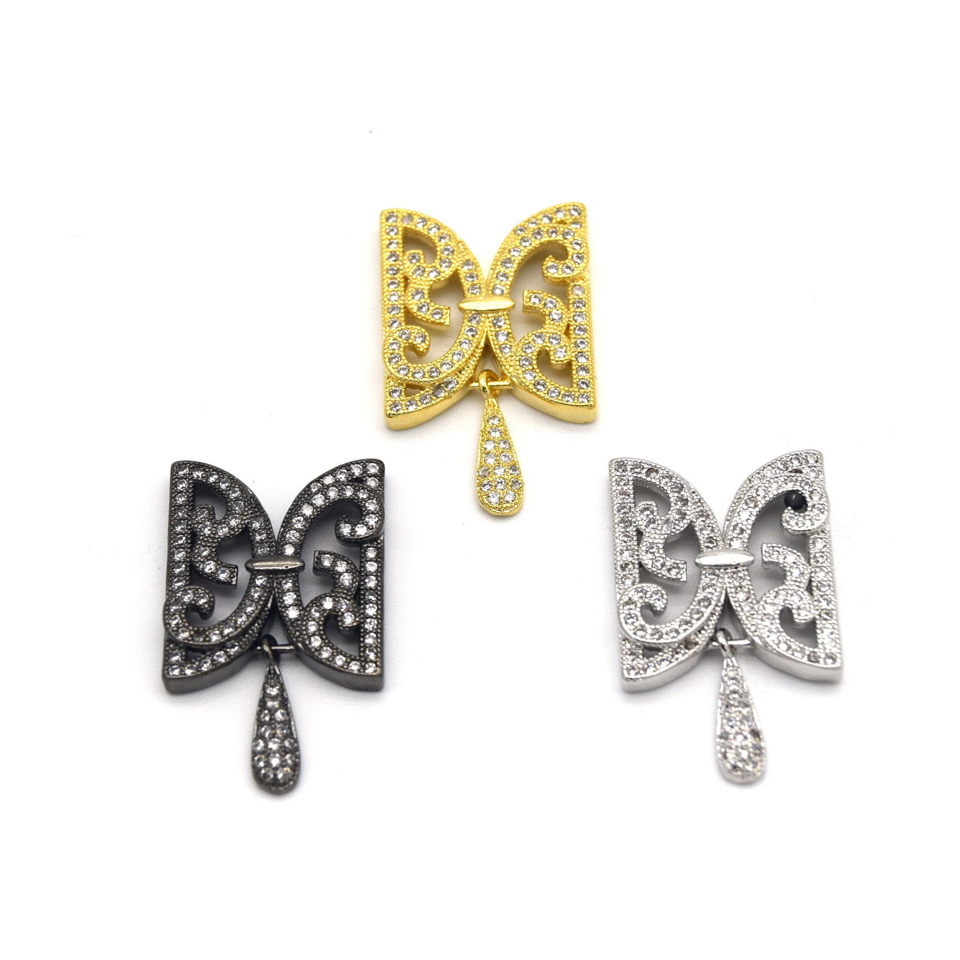 15mm x 25mm Gold Plated Cubic Zirconia Encrusted/Inlaid Ornate Butterflied Shaped Connector with Drop