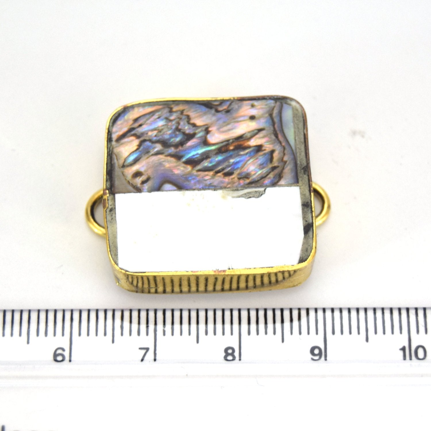 25mm Iridescent White & Rainbow Bi-Color Abalone Shell Square Gold Plated Bezel Connector