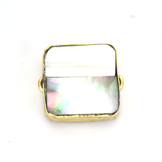 25mm Iridescent White & Gray Bi-Color Abalone Shell Square Gold Plated Bezel Connector