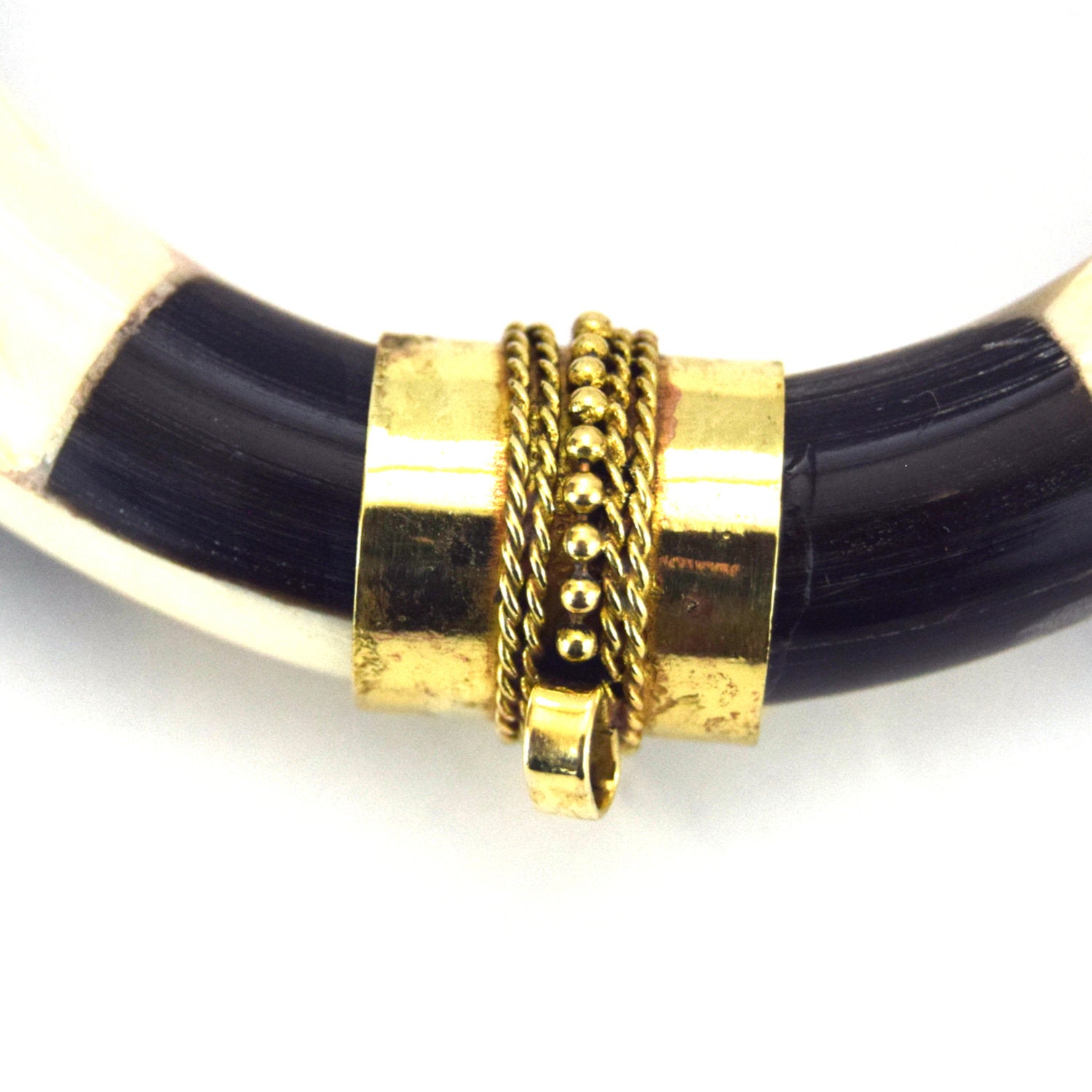 3.5" Black/White Thick Double Ended Crescent Shaped Natural Ox Bone Pendant with Fancy Gold Bail/Caps