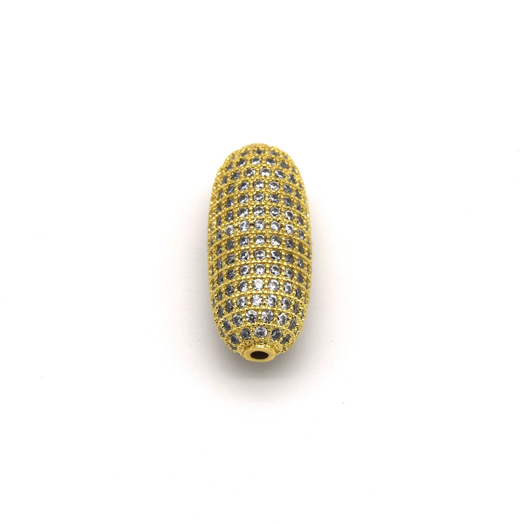 12mm x 28mm Gold Plated White CZ Cubic Zirconia Inlaid Rounded Barrel Shaped Copper Bead