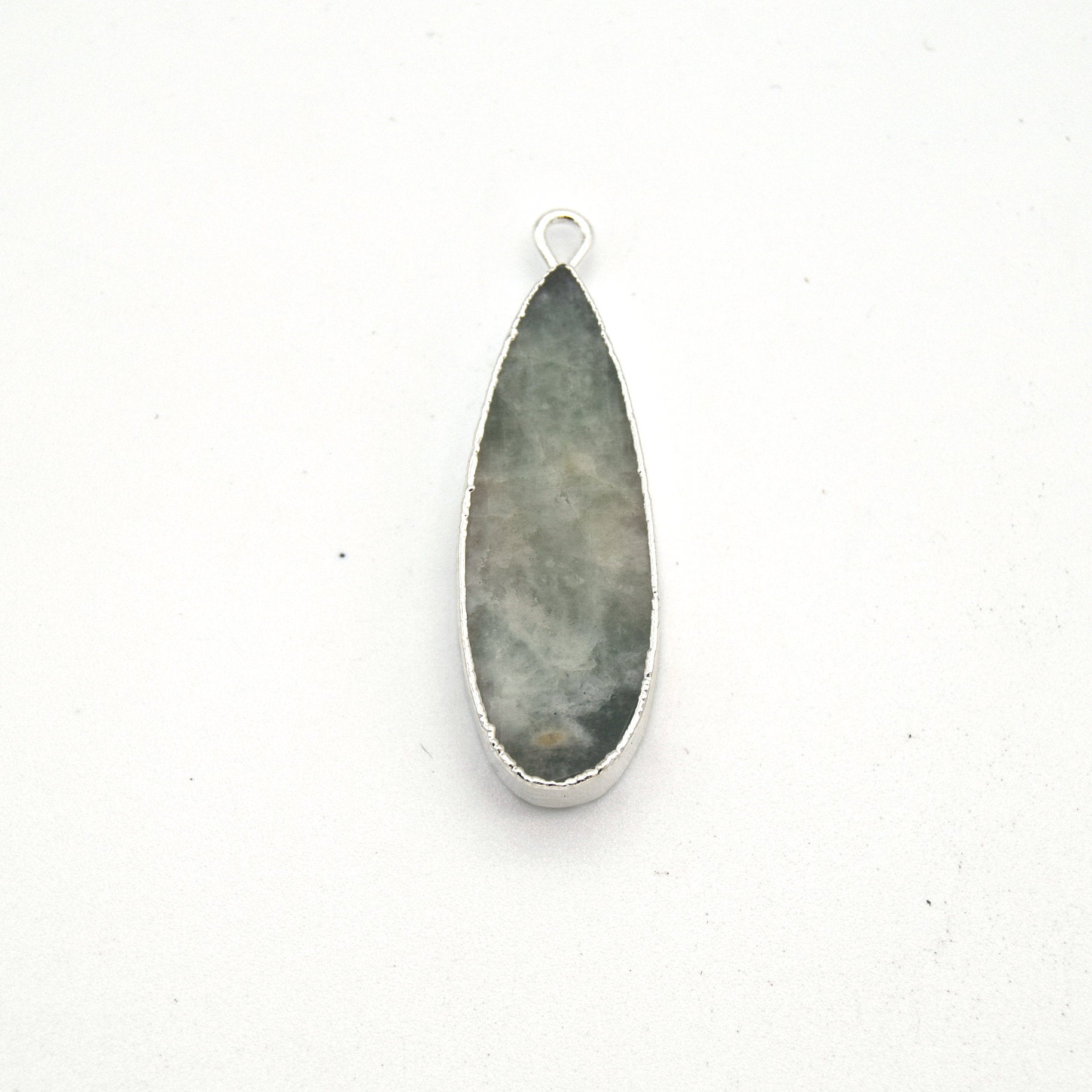 11mm x 30mm Silver Plated Natural Pale Pastel Green Amazonite Long Teardrop Shaped Flat Pendant