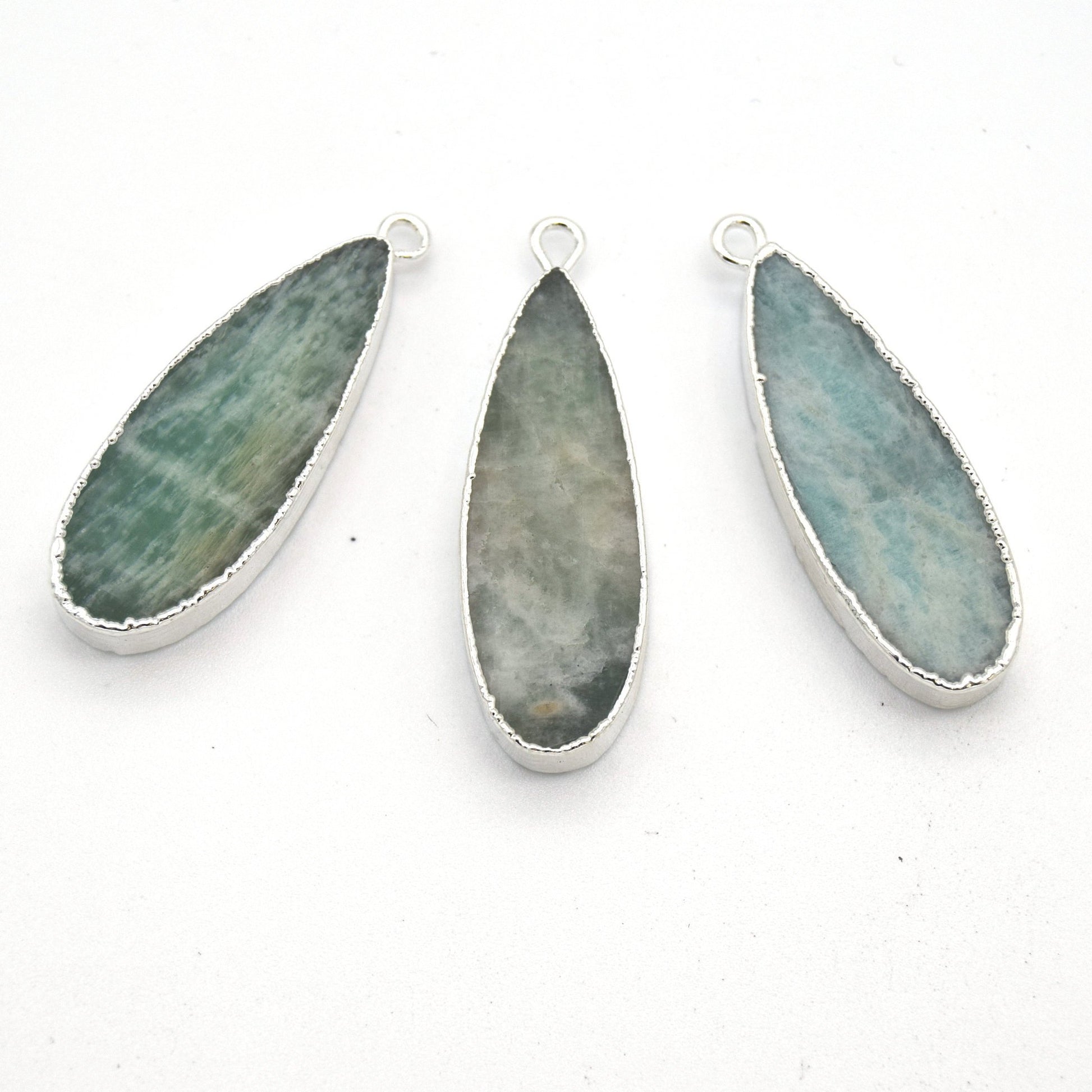 11mm x 30mm Silver Plated Natural Pale Pastel Green Amazonite Long Teardrop Shaped Flat Pendant