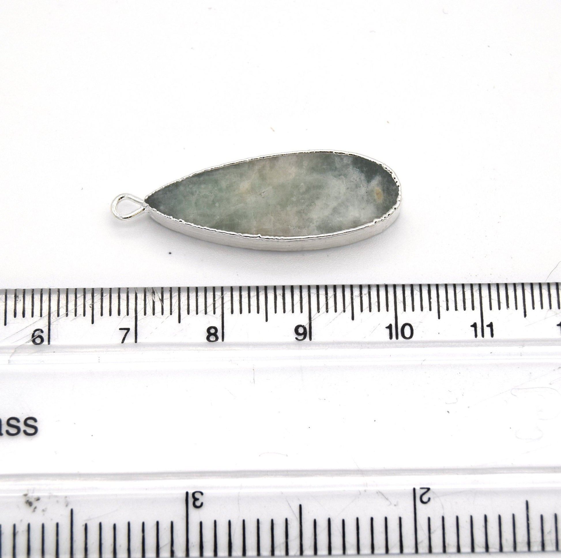 11mm x 30mm Silver Plated Natural Pale Pastel Green Amazonite Long Teardrop Shaped Flat Pendant