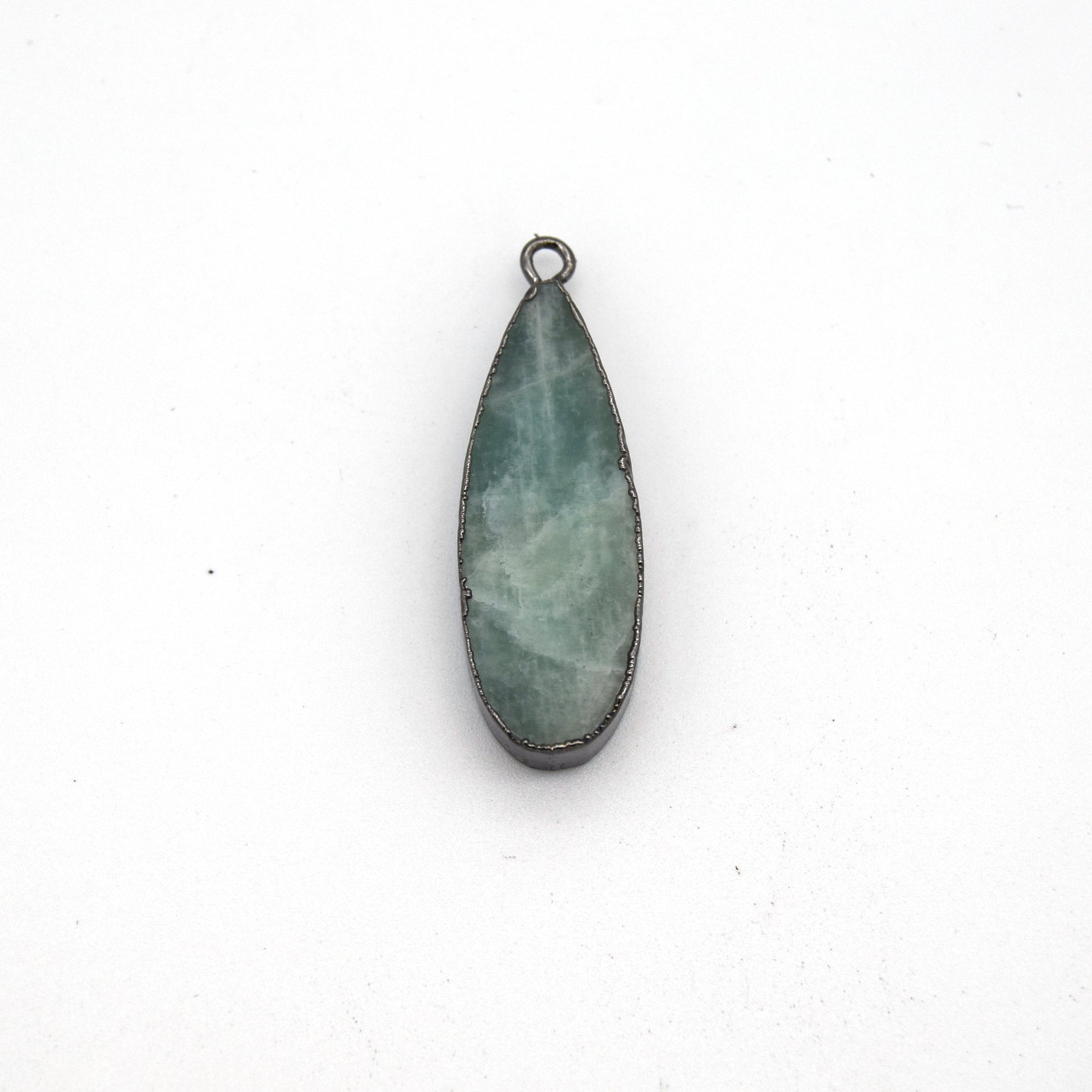 11mm x 30mm Gunmetal Plated Natural Pale Pastel Green Amazonite Long Teardrop Shaped Flat Pendant