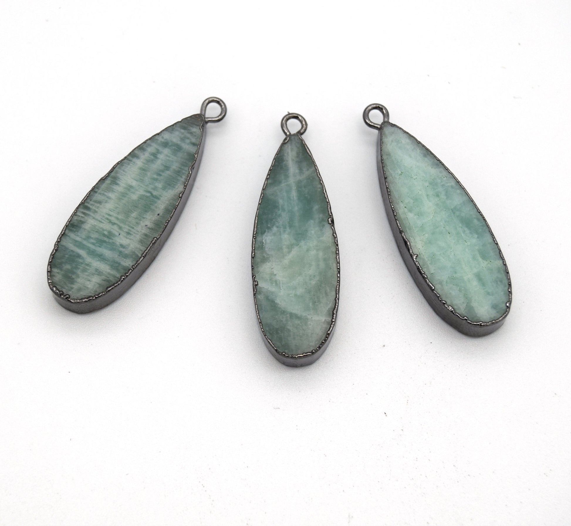 11mm x 30mm Gunmetal Plated Natural Pale Pastel Green Amazonite Long Teardrop Shaped Flat Pendant