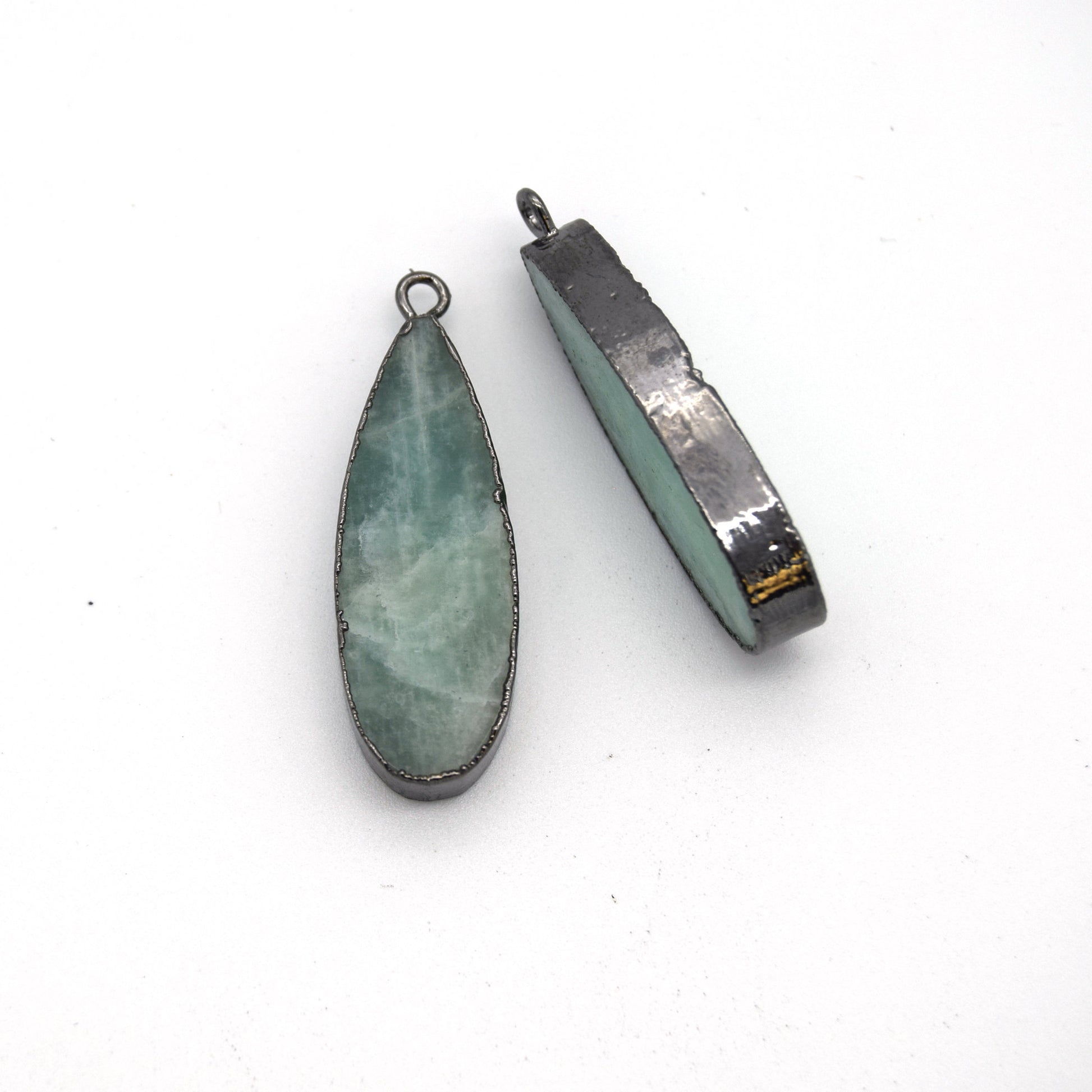 11mm x 30mm Gunmetal Plated Natural Pale Pastel Green Amazonite Long Teardrop Shaped Flat Pendant