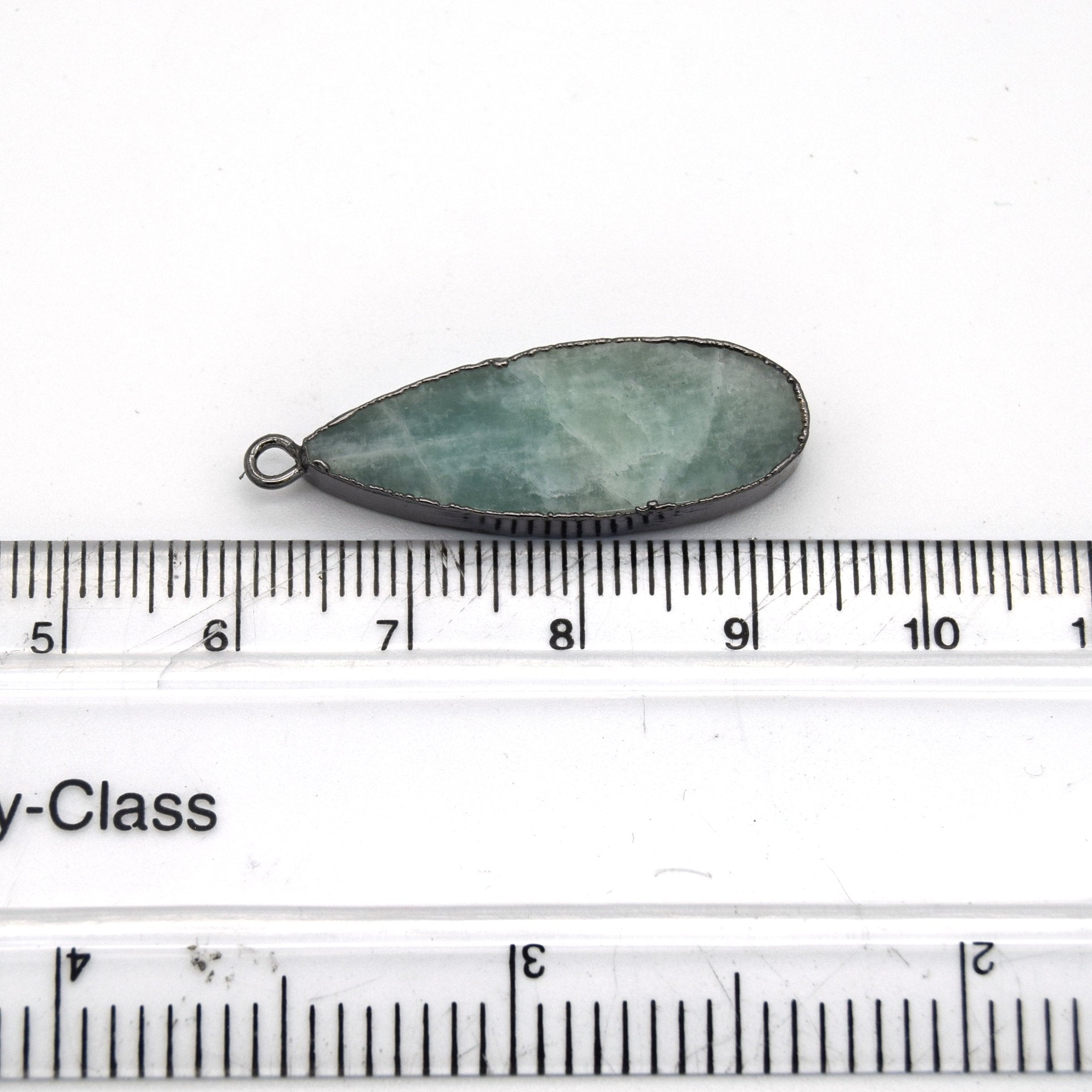 11mm x 30mm Gunmetal Plated Natural Pale Pastel Green Amazonite Long Teardrop Shaped Flat Pendant