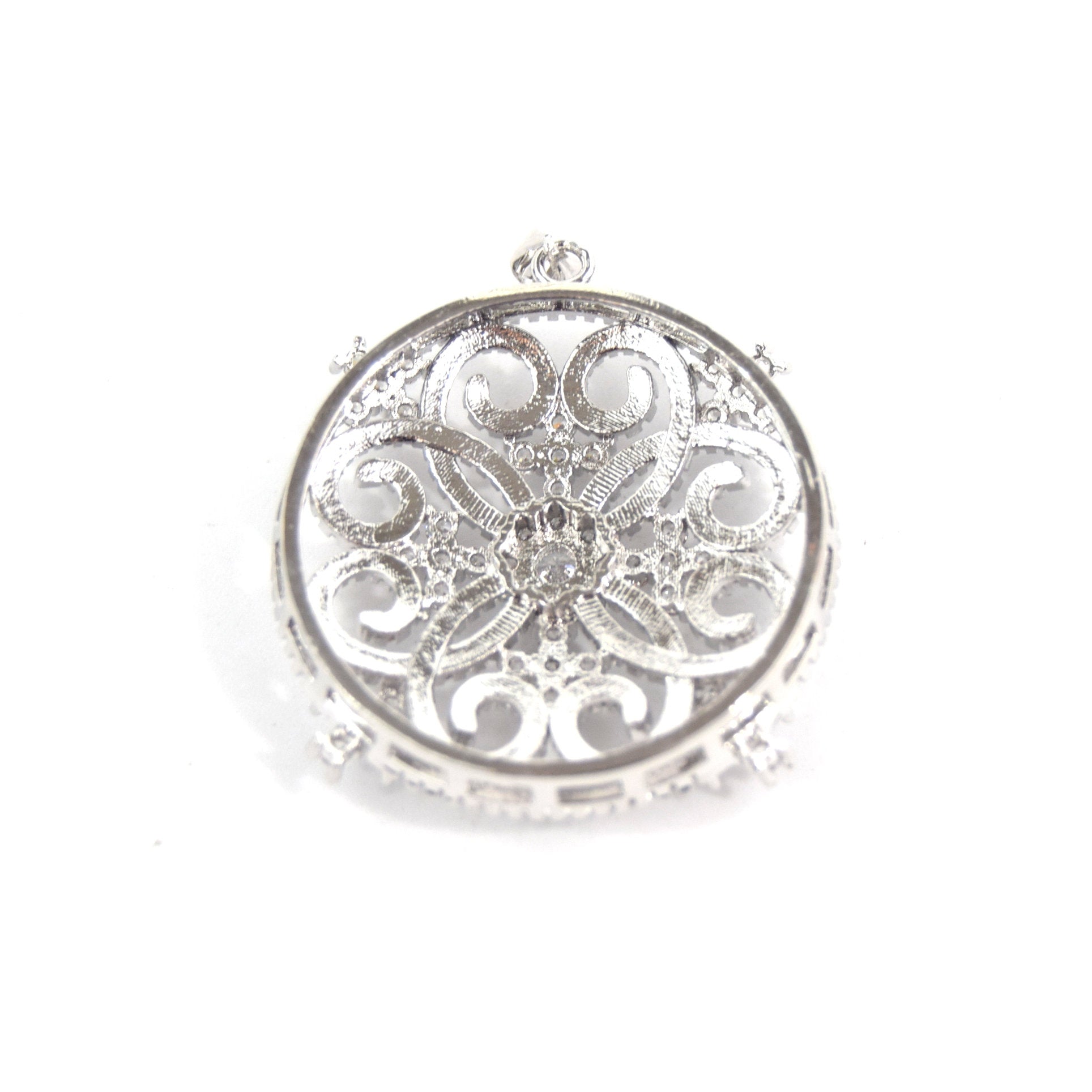 Silver Plated CZ Cubic Zirconia Circle and Hearts Shaped Copper Pendant- Measures 40mm, Approx.