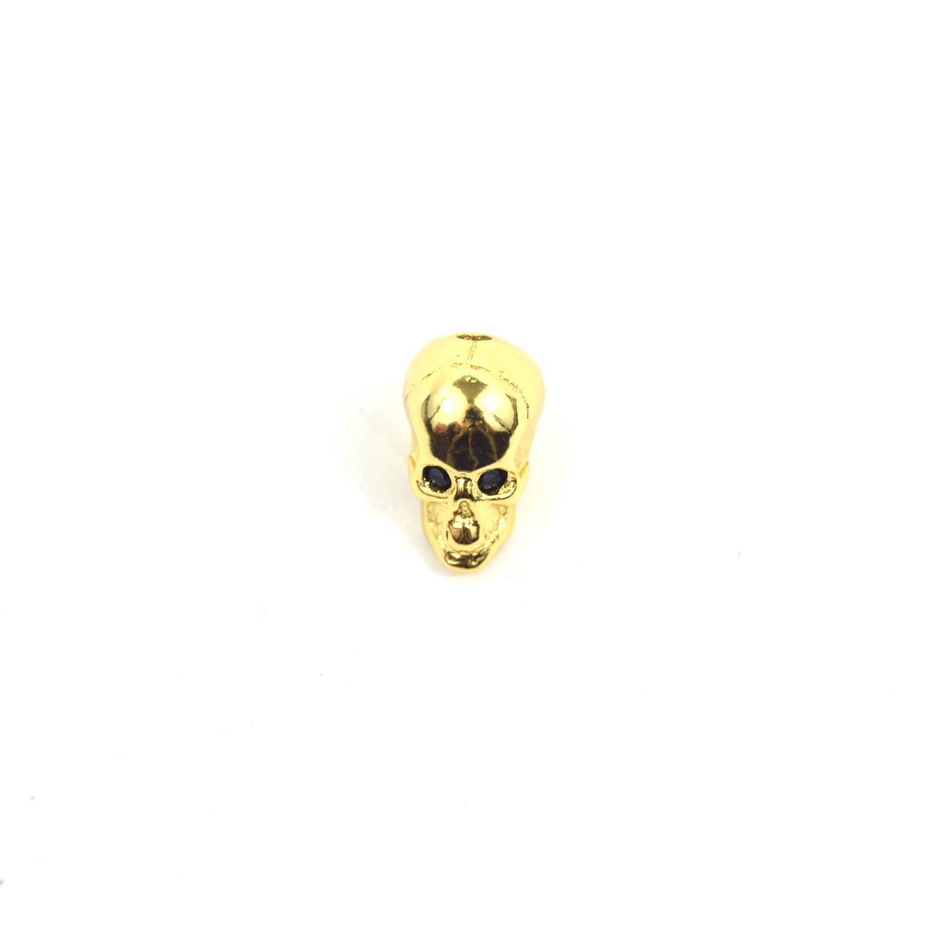 Gold Plated Cubic Zirconia Inlaid Skull Shaped Bead With Black CZ Eyes - Measures ~ 10mm x 13mm