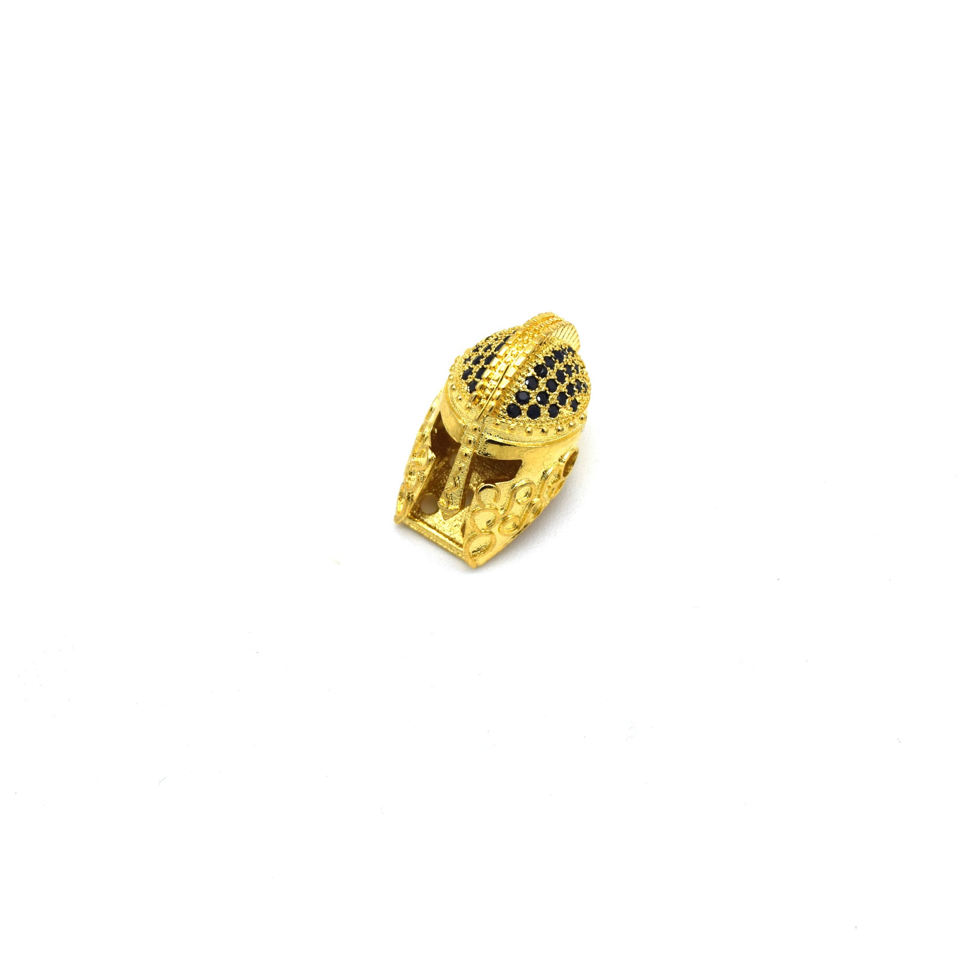 10mm x 20mm Gold Plated Cubic Zirconia Spartan Helmet Shaped Bead with Black Inlaid CZ