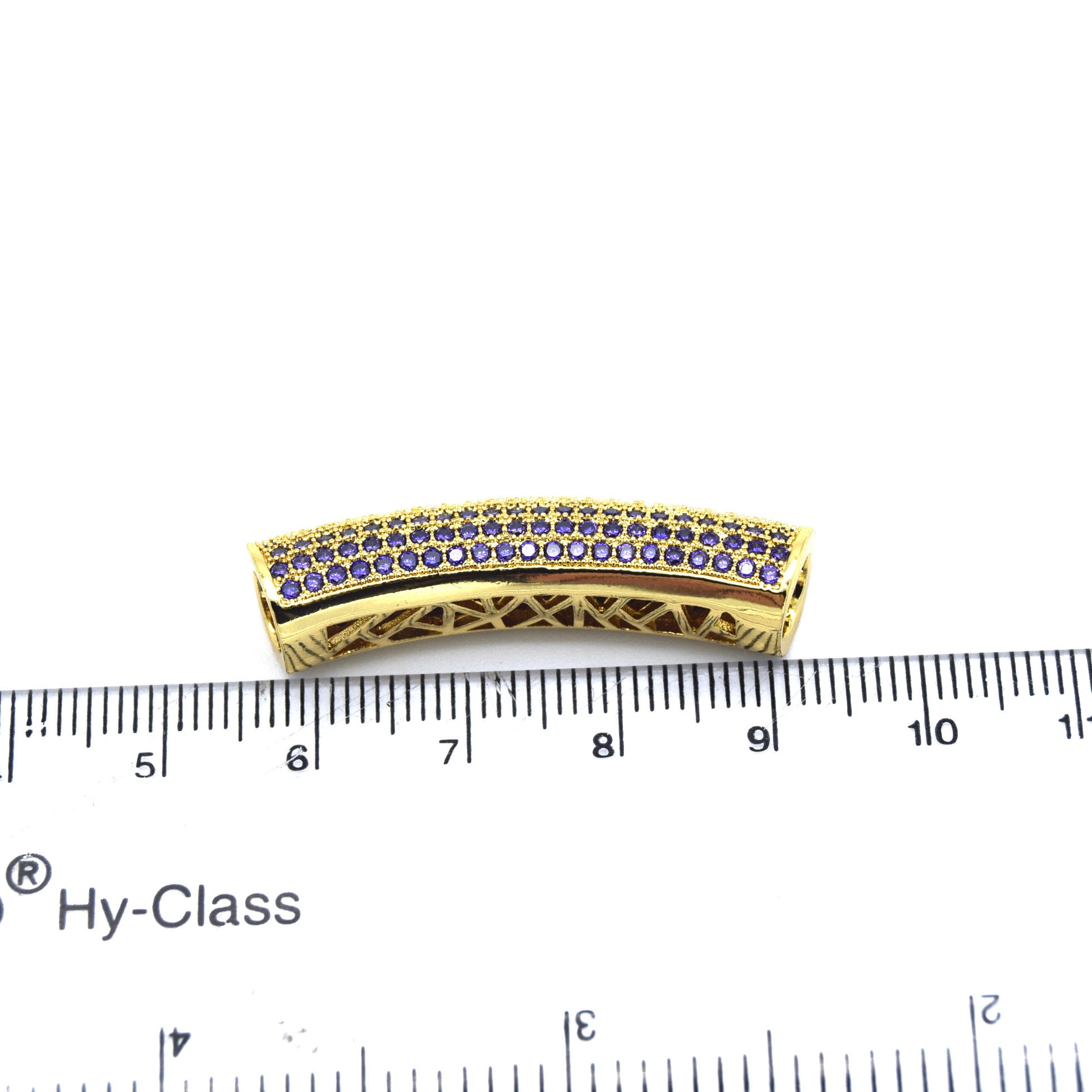 36mm Gold Plated CZ Cubic Zirconia Inlaid Curved Tube/Macaroni Shaped Bead with Purple CZ