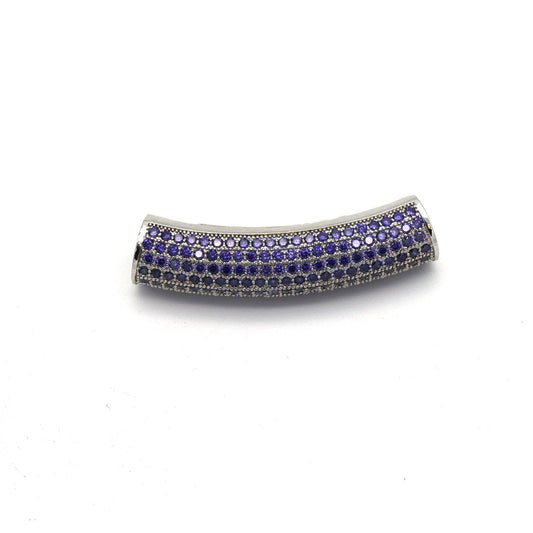 36mm Silver Plated CZ Cubic Zirconia Inlaid Curved Tube/Macaroni Shaped Bead with Purple CZ