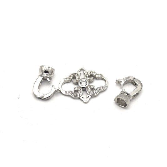 36mm Silver Plated Cubic Zirconia Encrusted/Inlaid Ornate Diamond Shaped Double Clasp Components